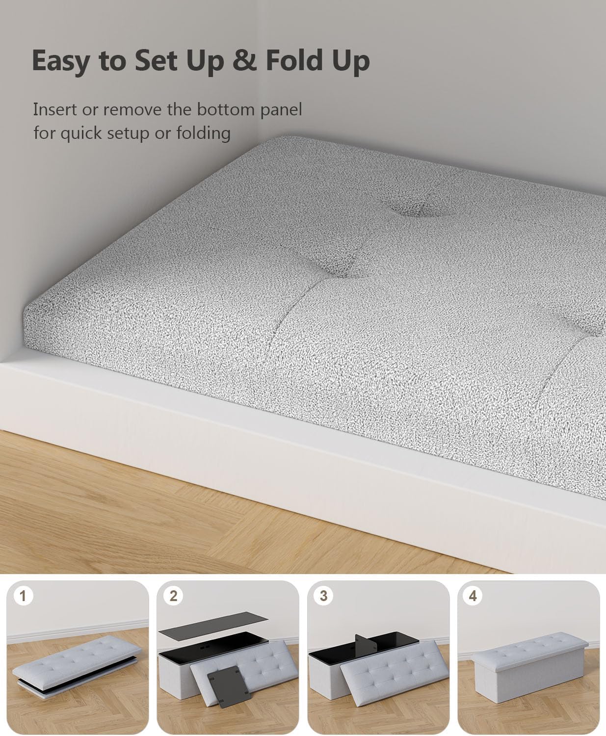 Folding Storage Ottoman Bench, Multi-Functional Ottoman Foot Rest, End of Bed Bench, Storage Chest for Living Room, Bedroom, Hallway, Entryway, Holds Up to 600 lbs (Light Gray, 43 Inches) - Image 6
