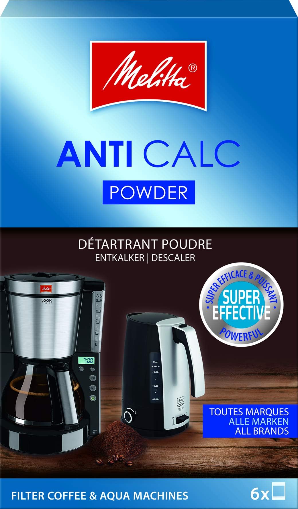 Melitta 192632 Entkalker für Filtermaschinen, 6 Pulver Beutel je 20 g, Anti Calc