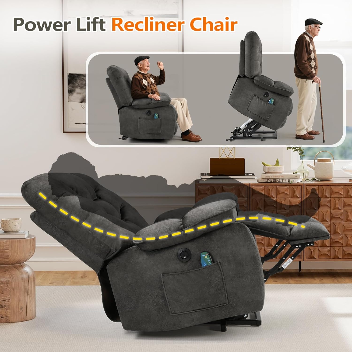 HAOMARKETS Oversized Power Lift Recliner Chair with Massage and Heat for Elderly, Electric Lifting Reclining Chairs with Side Pockets and USB Port for Living Room, Dark Grey