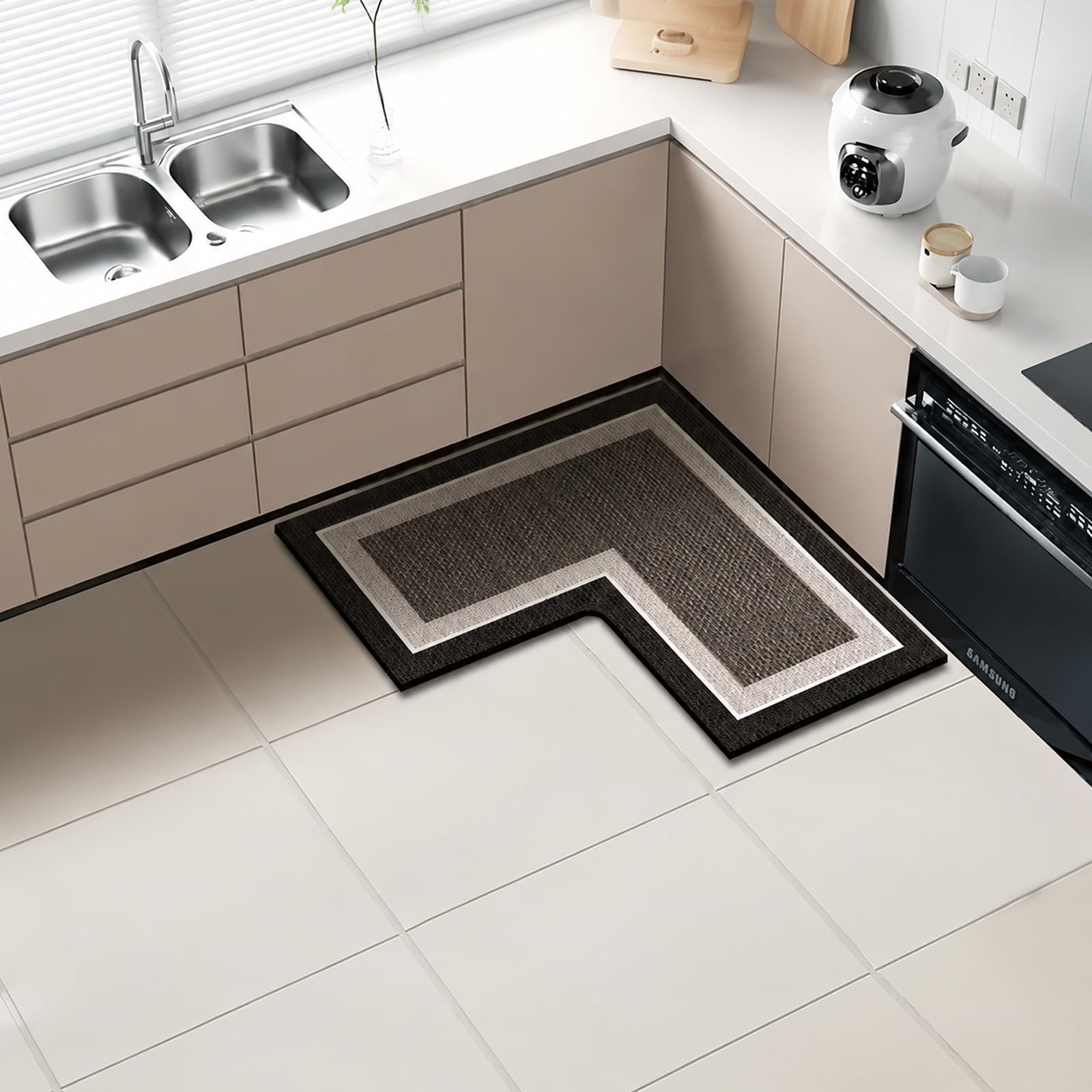 Jyswx L-Shaped Kitchen Rug Mat - Non Slip Diatomite Kitchen Floor Mat - Quick Dry Absorbent Corner Kitchen Runner for Sink Area, Bathroom, Laundry Room & Hallway, Washable, Blackgrey, 60x60x30cm — image 1