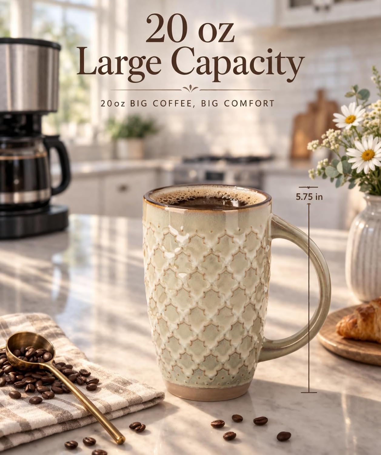 gbhome 20oz large coffee mugs set of 6, handmade tall ceramic coffee mugs with texture patterns for cappuccino, latte,hot cocoa, dishwasher & microwave safe-pale khaki