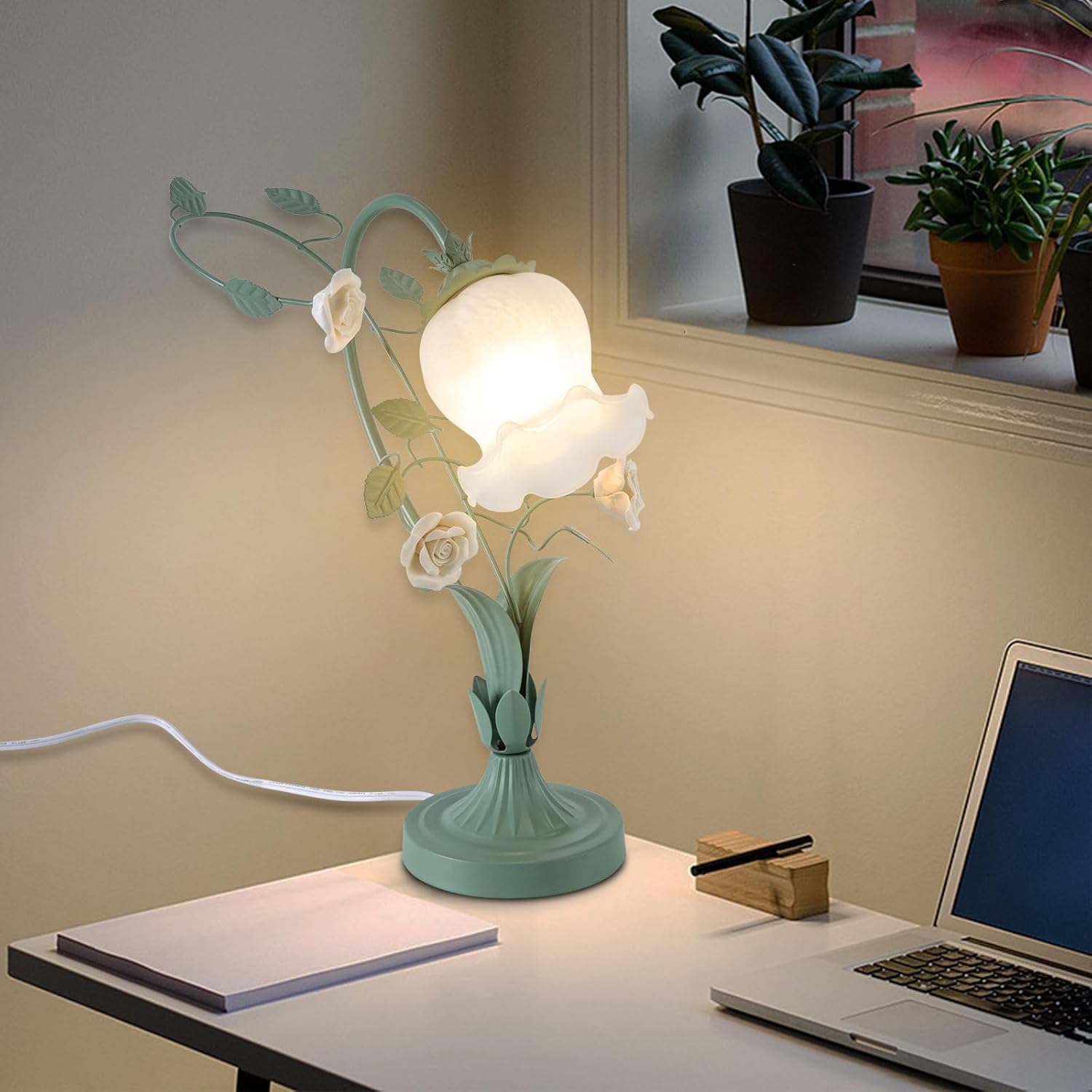 Rose Flower Glass Table Lamp, 17" Tall Bedside Lamp Stained Glass Lampshade Flower Desk Reading Lamps, Nightstand Ceramics Floral Desk Light E26 Bulb for Bedroom Living Room Dresser (Green, White)