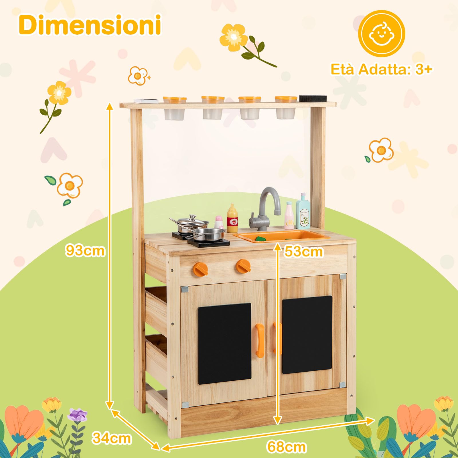 RELAX4LIFE Cucina Giocattolo per Bambini, Cucina da Esterno in Legno con Fornelli, Lavandino, Lavagna, Gessetti e Gomma, Cucina Giocattolo Interattiva per Bambini 3+ Anni (Cucina)