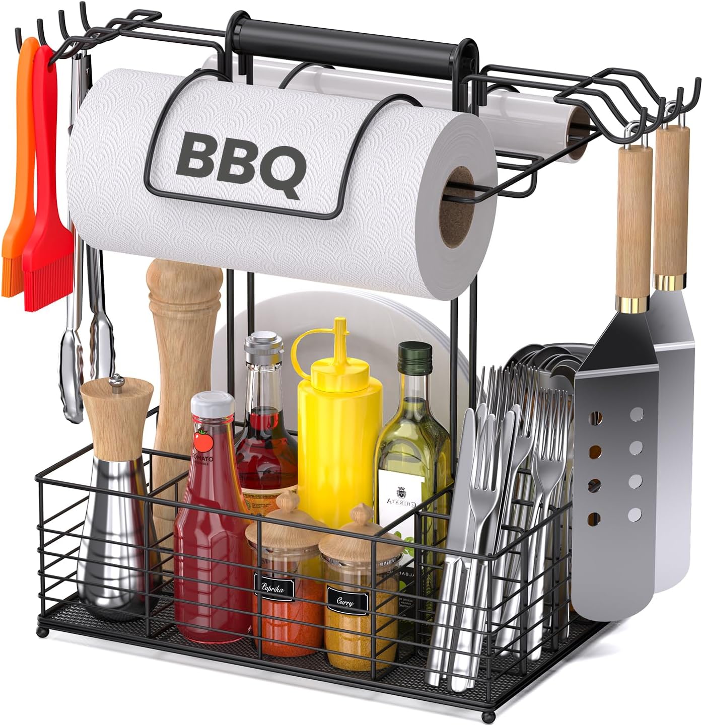 Grill Caddy for Outdoor Grill with 2 Paper Towel Holders,Barbecue Tool Sets Storage Organizer,BBQ Caddy for Outdoor Grill with 9 Compartments & 8 Hooks,Picnic Caddy Grilling Gifts for Men (13.4 Inch)