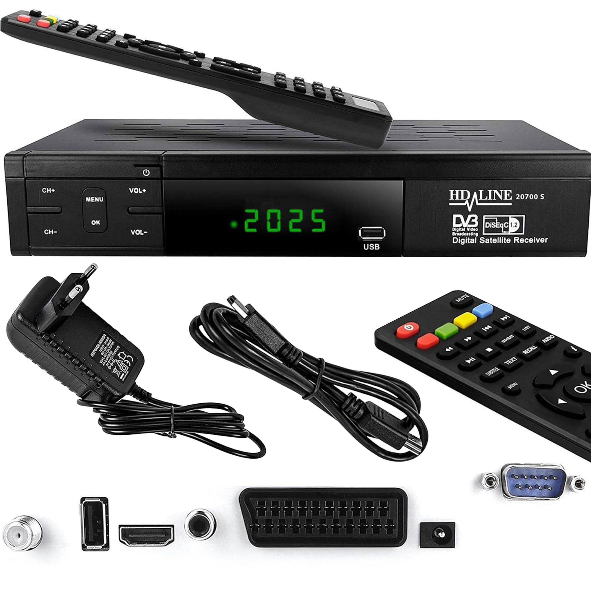 Receptor de satélite HD-Line 20700 HD DVB-S2 HD para Receptor de satélite Digital (DVB-S/S2, HDMI, SCART, 2 Puertos USB 2.0, 1080p) (preprogramado para Astra Hotbird y Türksat)