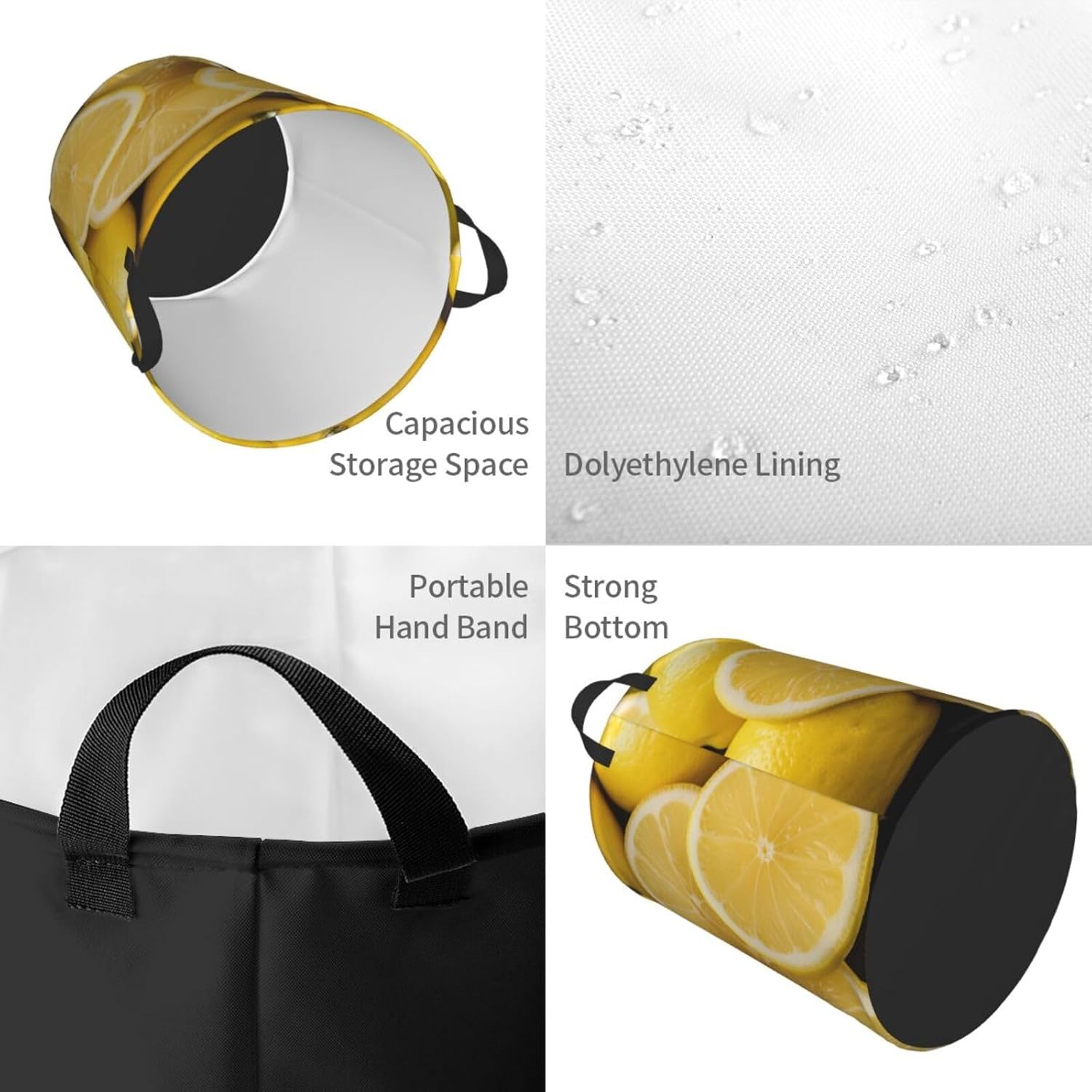 Yellow Lemon Laundry Basket With Handles, Foldable Laundry Hamper Oxford Cloth Dirty Clothes Basket Waterproof Clothes Toys Storage Bin Organizer for Bedroom Bathroom Dorm