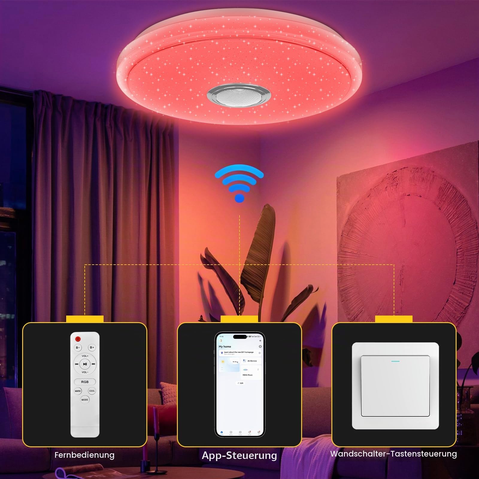 LED Deckenleuchte Dimmbar 60W LED RGB Deckenlampe Ø40CM Badezimmer Lampe Badlampe mit Bluetooth Lautsprecher Fernbedienung und APP-Steuerung für Kinderzimmer Schlafzimmer Wohnzimmer