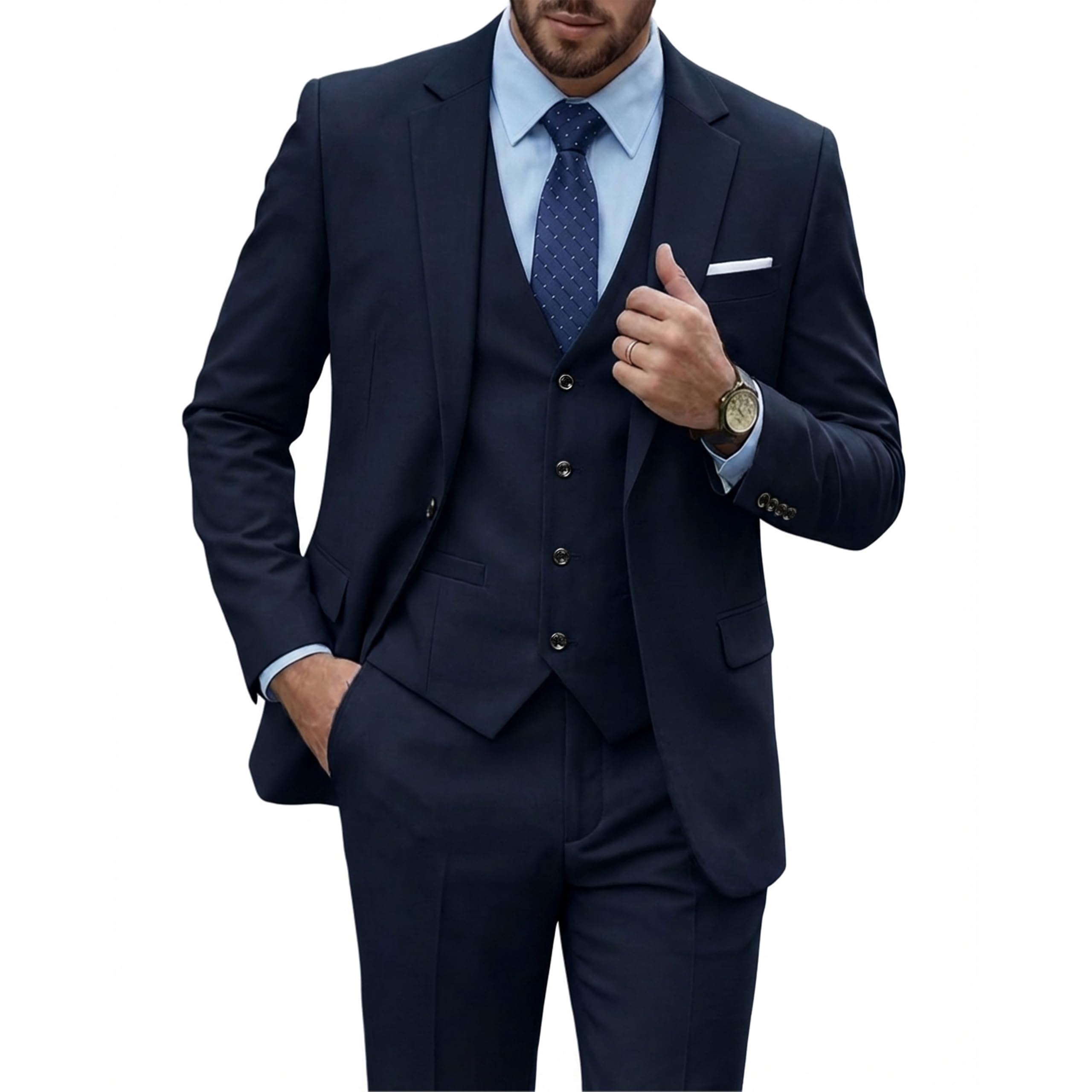 Photo 1 of YND Men's 3 Piece Slim Fit Suit, One Button Solid Jacket Vest Pants Set with Tie, for Wedding Party Proms and Business, Deep Blue