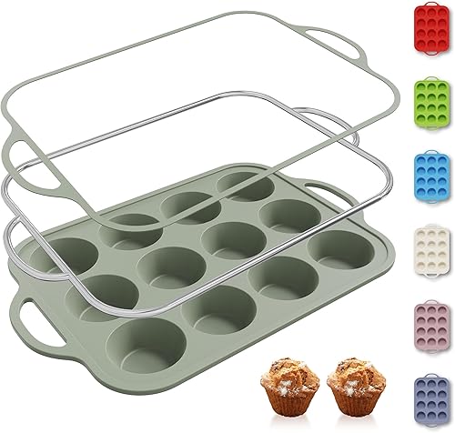 Miniatura 47 de 2 paquetes de 12 tazas de molde para magdalenas de silicona para hornear con marco reforzado de metal, molde para cupcakes de tamaño regular, molde