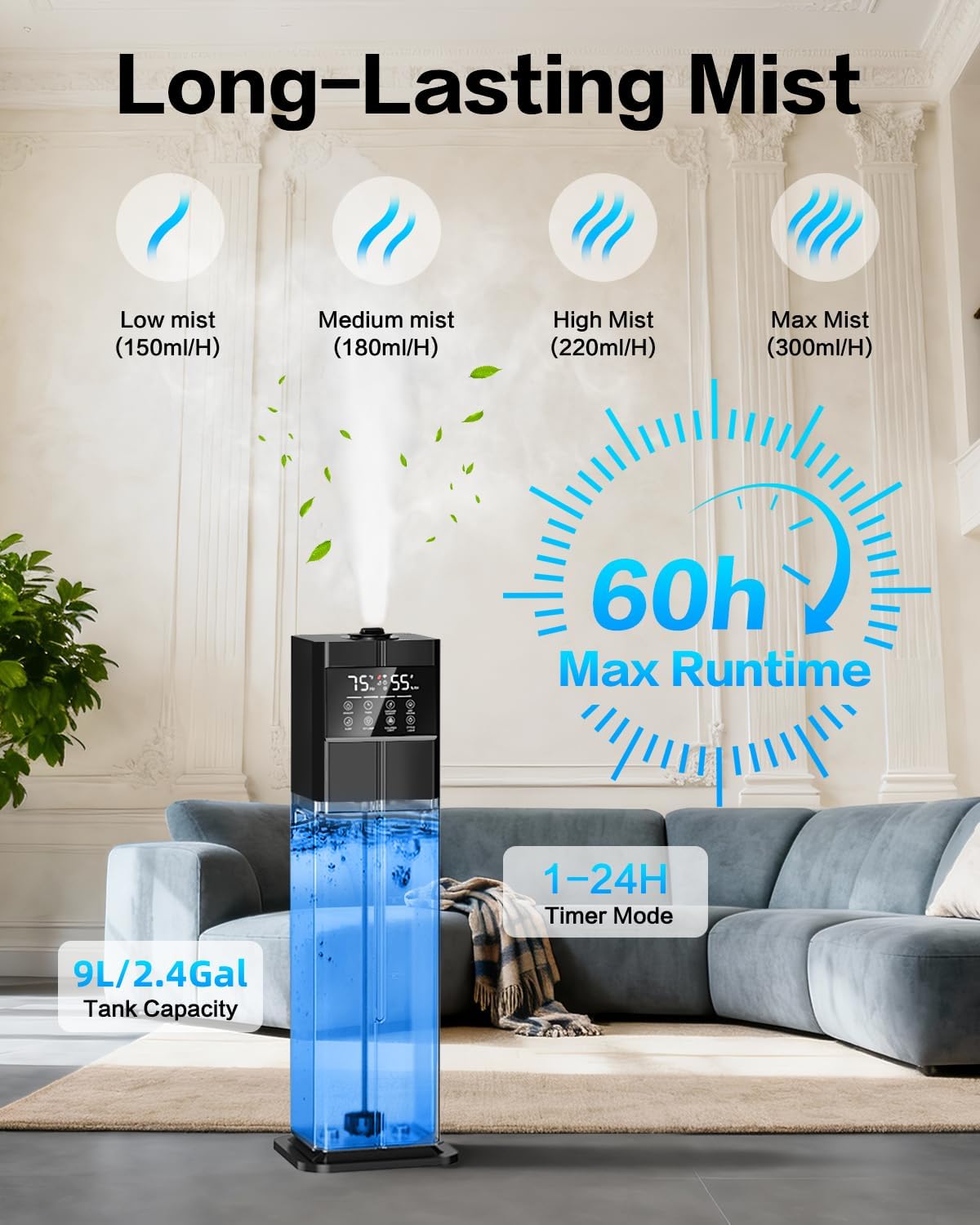 LOMMOL Humidifier showing 4 mist levels and 60-hour max runtime