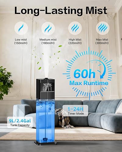 Miniatura 4 de Humidificadores de niebla fría para habitaciones grandes, ultrasónicos de 2.4 galones de 9 litros, llenado superior silencioso, fácil de limpiar con