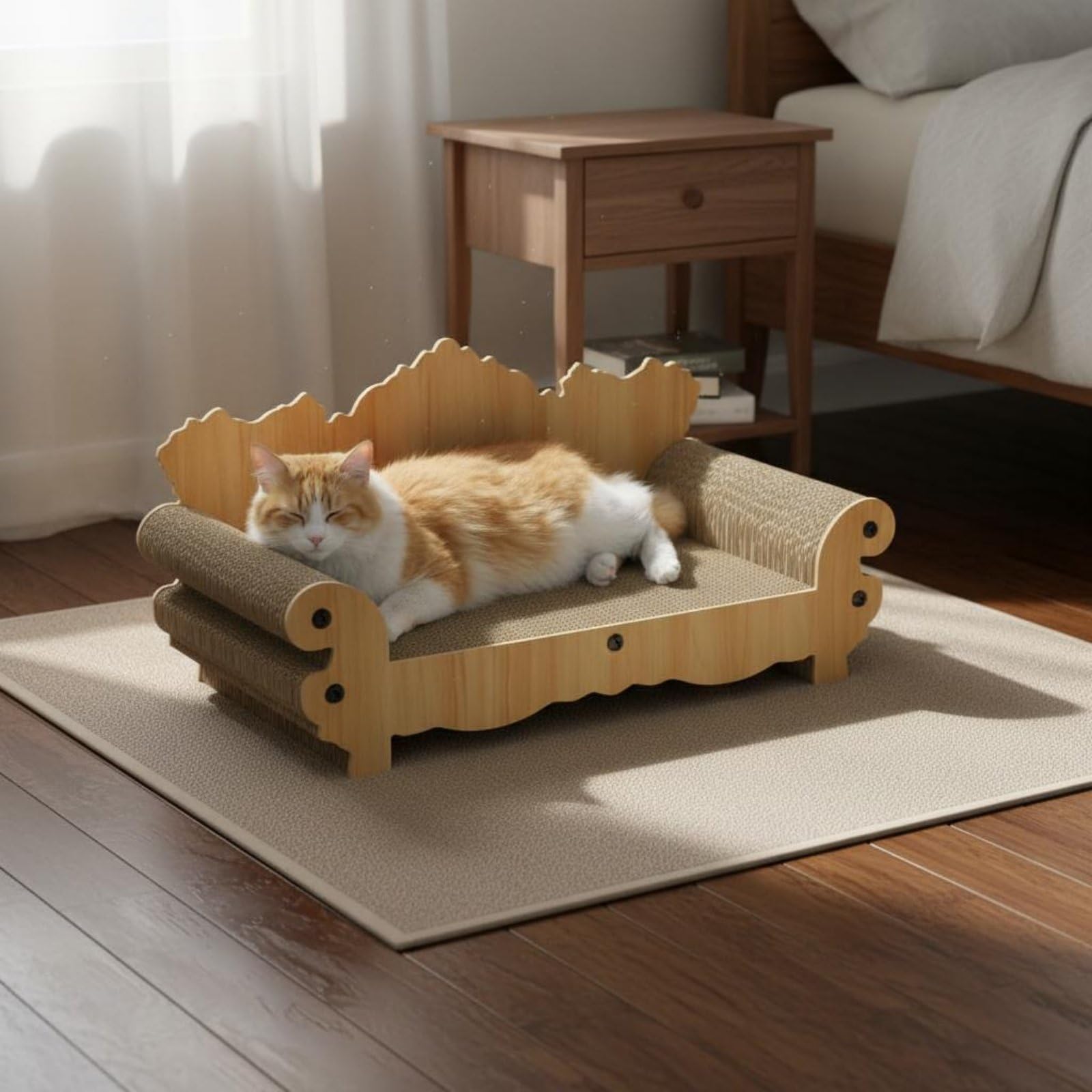 Canapé Griffoir pour Chat Griffoir Canapé Lit Meuble Sofa Courbure Anatomique pour Soutien Carton Ondulé Dense Antidébris Cadre Stable Imitation Bois, Haute Qualité