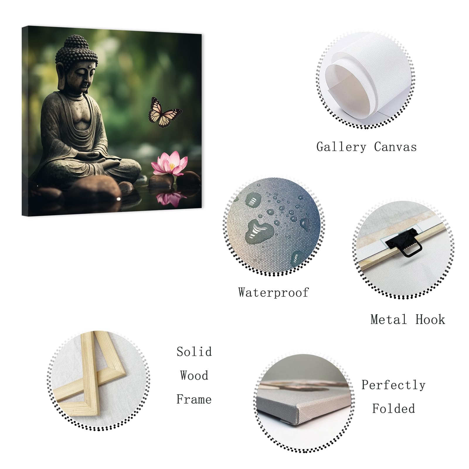 ZXHYWYM Buddha Bilder Schmetterling Lotusblume Zen Stein Malerei Leinwanddrucke Spa Kunstwerk Bürodekoration für spirituelle Meditation Yoga Zimmer gerahmt(Bild, (30.00 x 30.00 cms))
