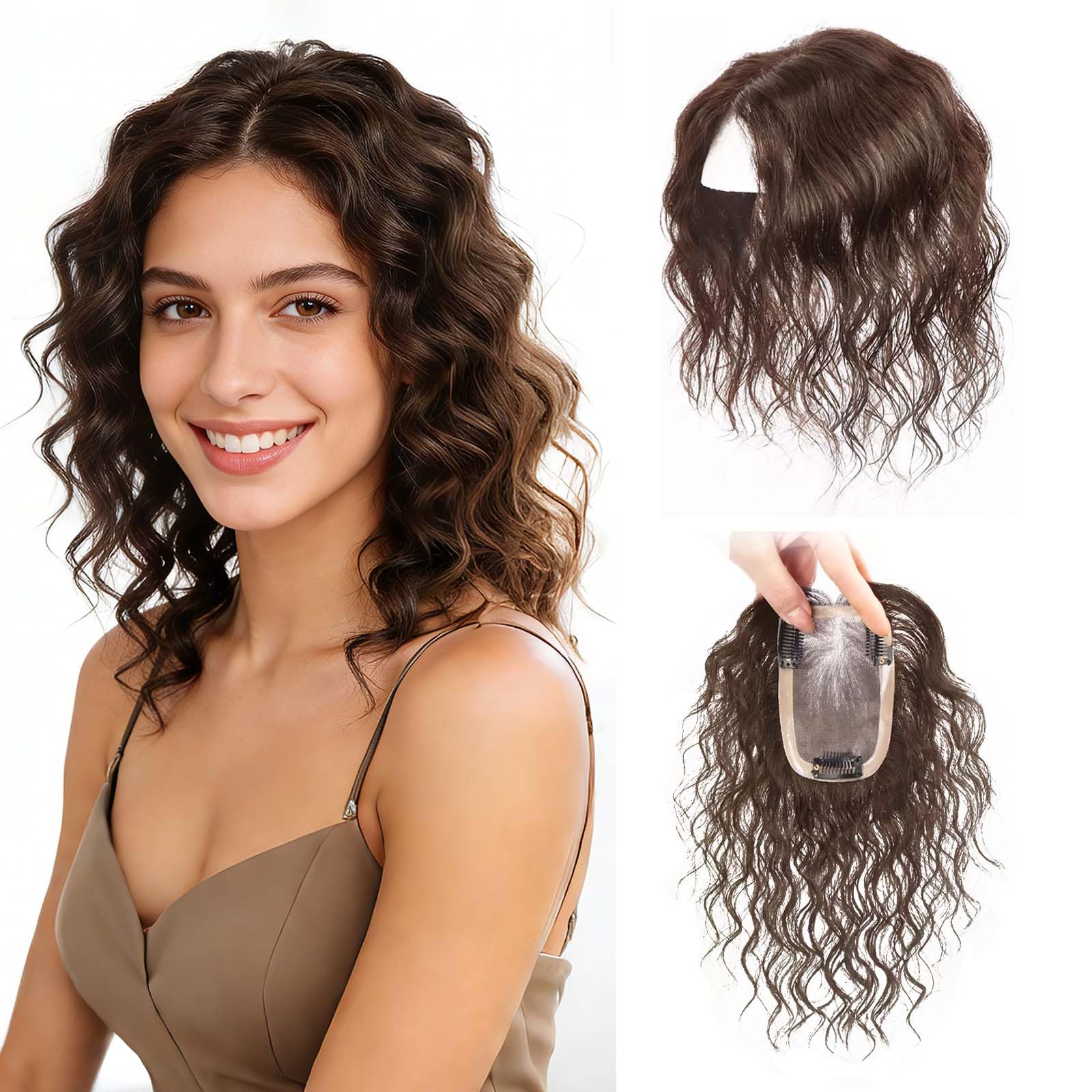 25 cm lockiges Haarteil für Damen, Echthaar, 7,9 x 11,9 cm, atmungsaktive, handgefertigte Mono-Spitzenbasis, Clip-in-Haarteil für Damen, dunkelbraun, für dünnes Haar