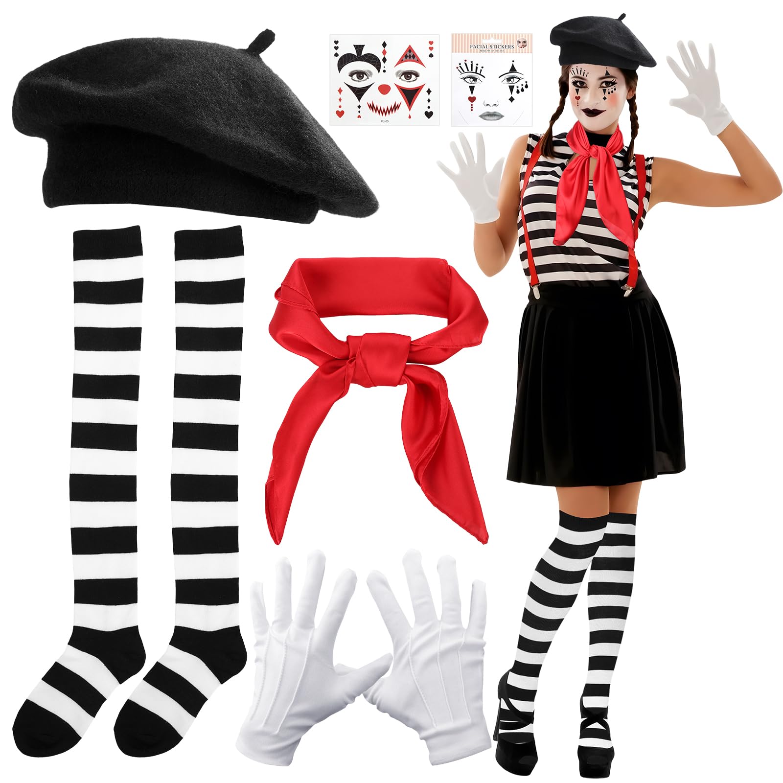 Disfraz Pantomime para mujer y hombre, 6 piezas, juego completo de disfraz con boina, pañuelo, guantes, 2 tatuajes faciales y calcetines a rayas para carnaval, fiestas temáticas, teatros