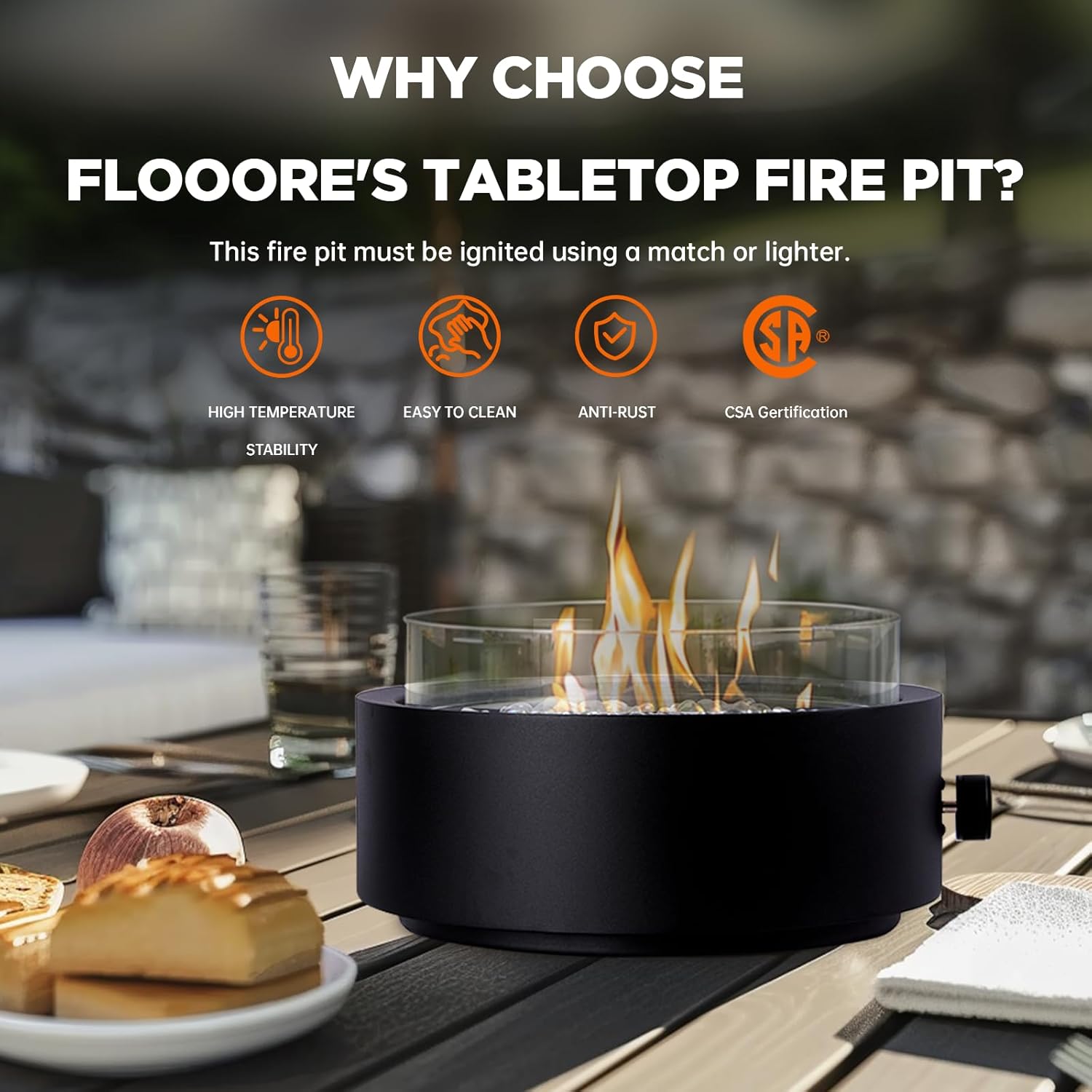 14-Inch Round Propane Fire Pit, 10000 BTU Portable Tabletop Fireplace with Glass Stones, Umbrella Hole Compatible for Outdoor Patio Tables & Camping, Black