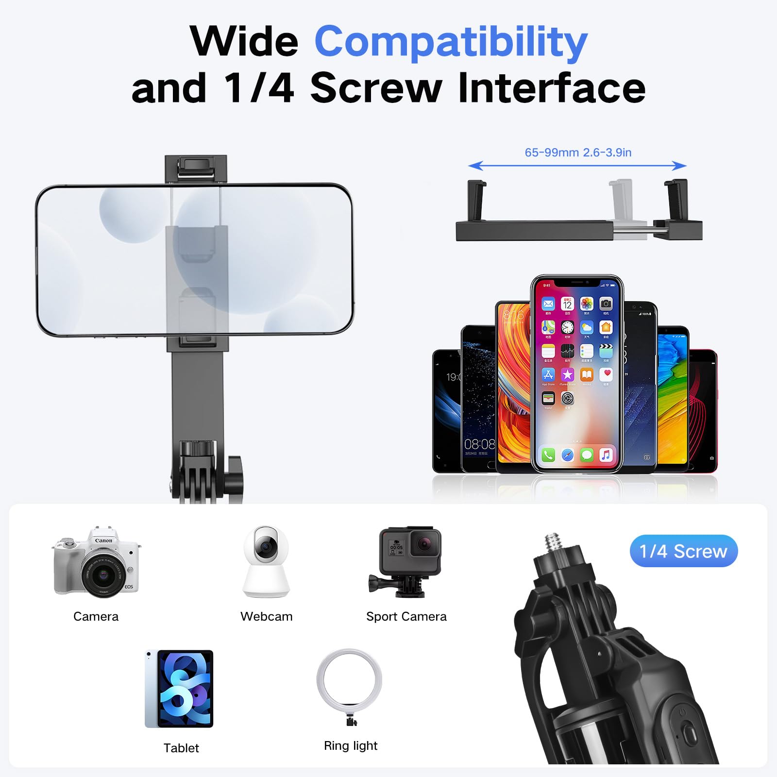 Trépied selfie stick avec 2 lumières de remplissage, en métal avec télécommande amovible, 180 cm trépied pour smartphone compatible avec iPhone & Android Smartphone