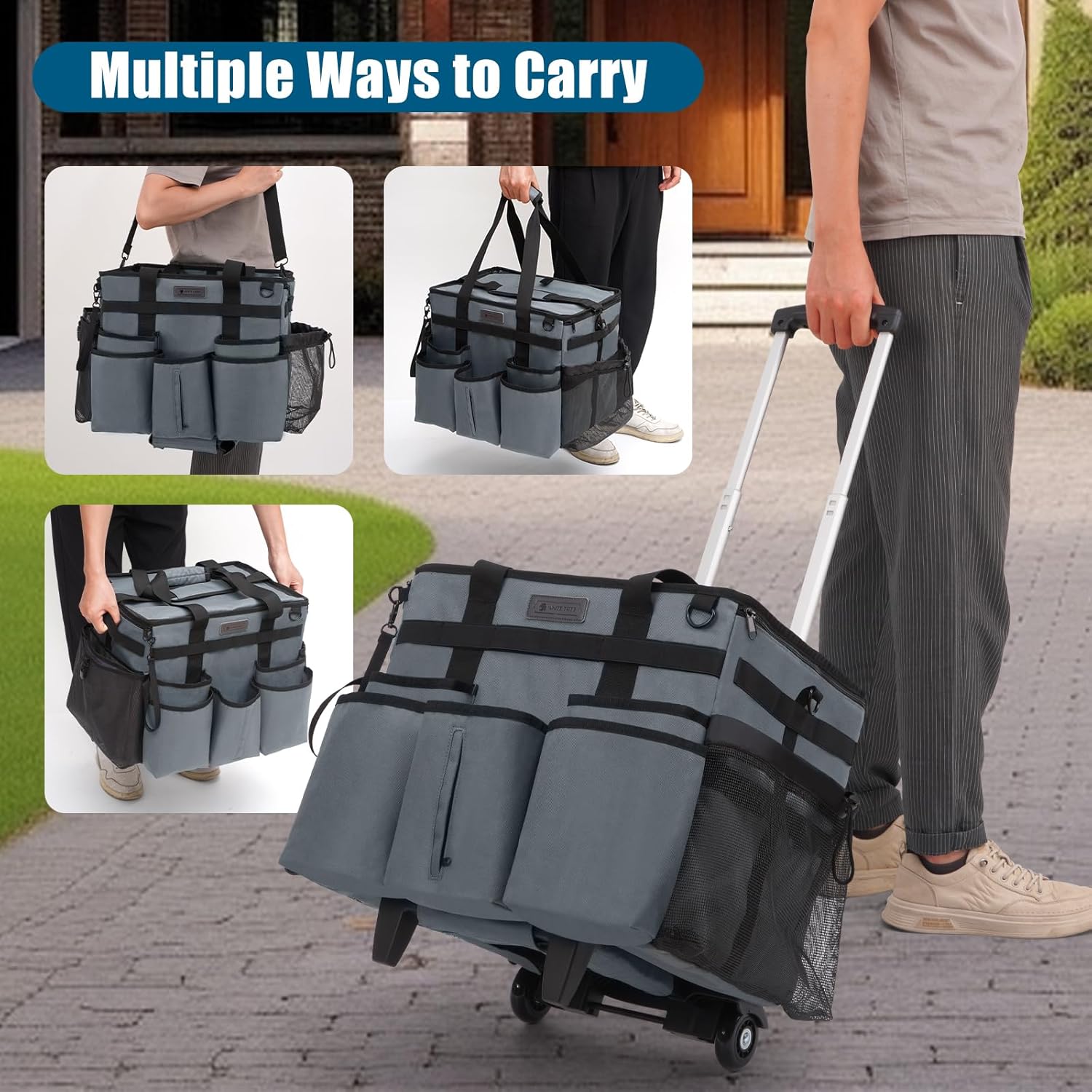 Cleaning Caddy Bag with Wheels, Rolling Cleaning Bag with Detachable Trolley&Shoulder Strap,Cleaning Supplies Detailing Bag on Wheel for Housekeepers