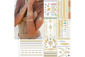 7 Sheets Large Temporary Tattoos for Coachella: Boho Gold Silver Glitter Henna Metallic Stickers