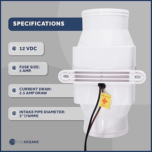 Miniatura 6 de Five Oceans Soplador de sentina en línea, soplador de motor de barco, para manguera de ventilación de diámetro interior de 3 pulgadas, 12 voltios,