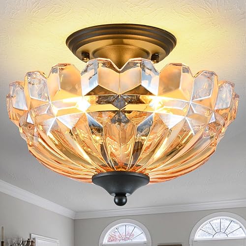 Lámpara de techo semiempotrada, lámpara de techo de cocina de 3 luces con pantalla de vidrio ámbar, candelabro moderno dorado para sala de estar,
