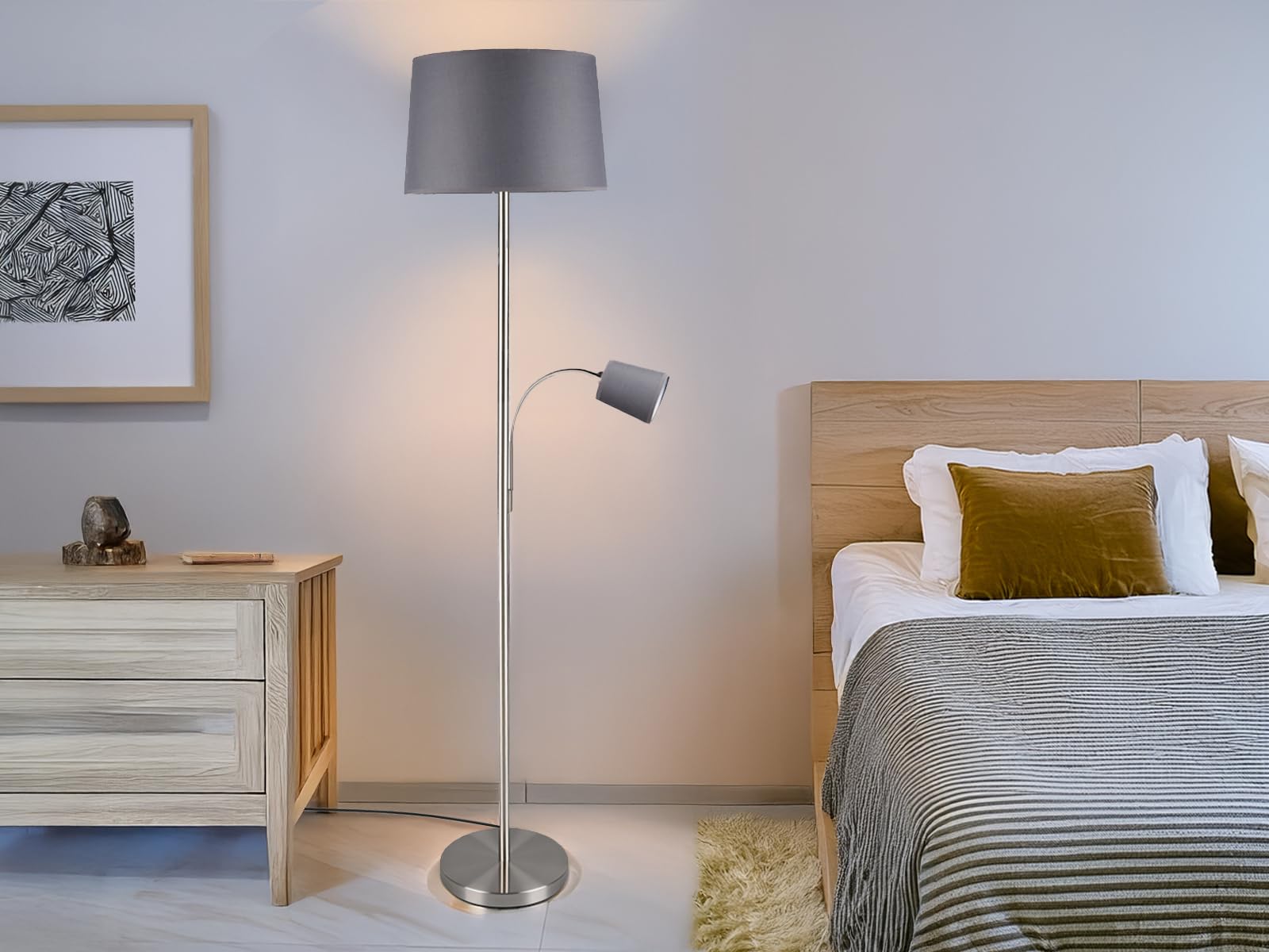 meineWunschleuchte Lampa podłogowa z lampką do czytania w kolorze srebrnym matowym z kloszem z tkaniny Ø40cm w kolorze szarym, SP1010218G