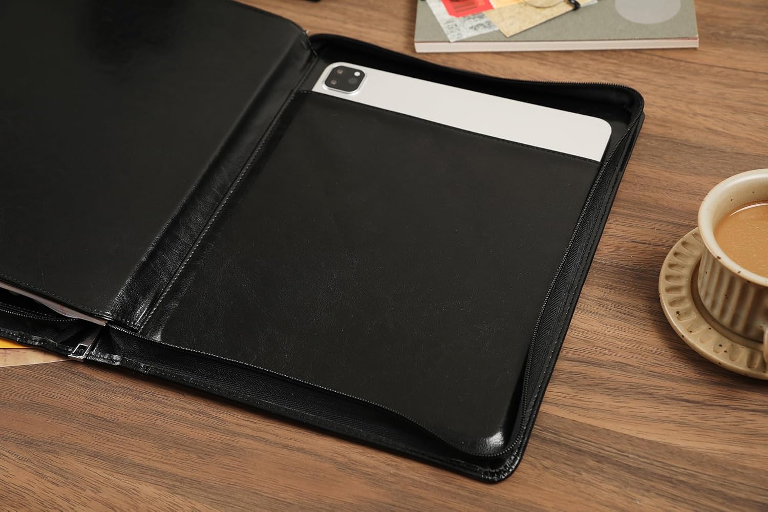 Vegan Leather Portfolio, Zippered Portfolio Binder Personalized Business Padfolio with Tablet Holder for A4 Letter Size Notepad & 13 Inch Laptop/Tablet - Black