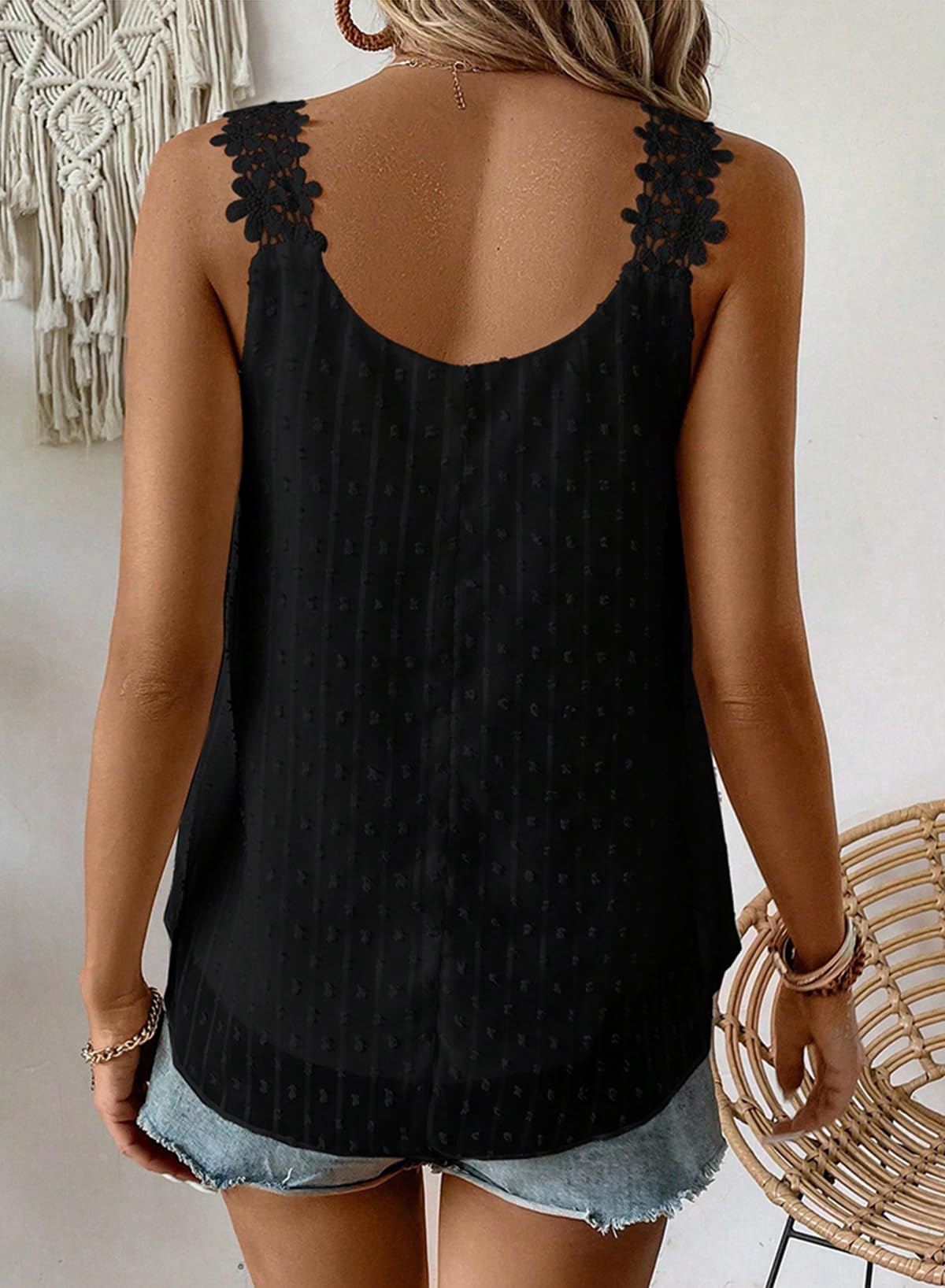 Canotta Donna Estiva Elegante Senza Maniche Girocollo Boho Camicia Casual Volant Abbigliamento Pizzo Floreale Canotte