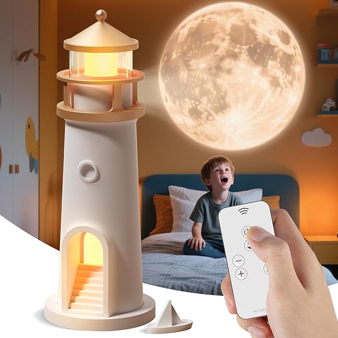 CWTRAY Lighthouse Lamp Moon Lamp,Projector Night Light with Remote Control,Moon Night Light for Kids,Rechargeable LED Moon Light Galaxy Projector Lighthouse Table Lamp,Birthday Gifts for Kids,Boys,Girls