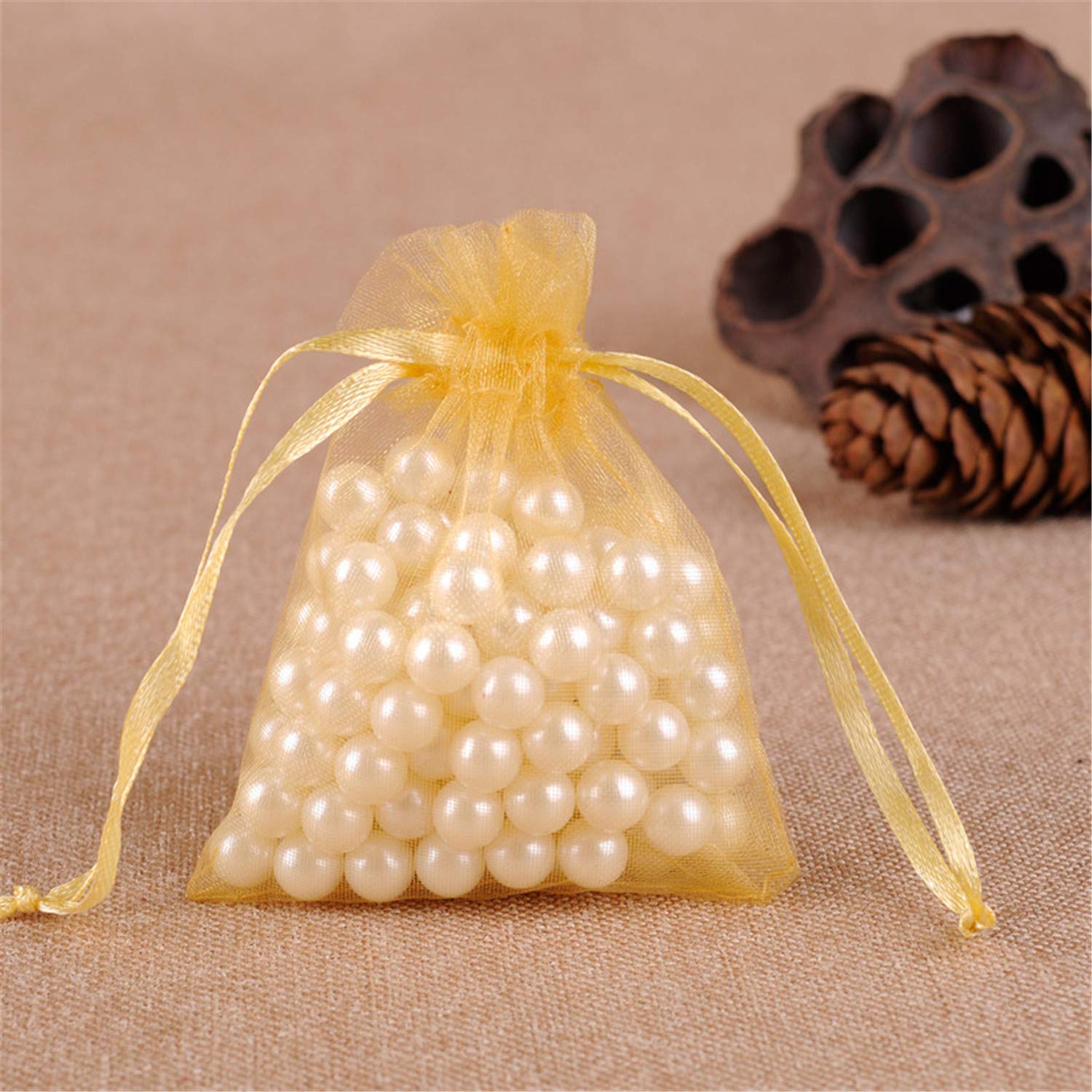 Bene Omnia 100PCS Party Organza Bags Present Sacks Wedding Favour Wrapping Reusable Christmas Drawstring Gift Bag (Gold,30 x 40 cm)