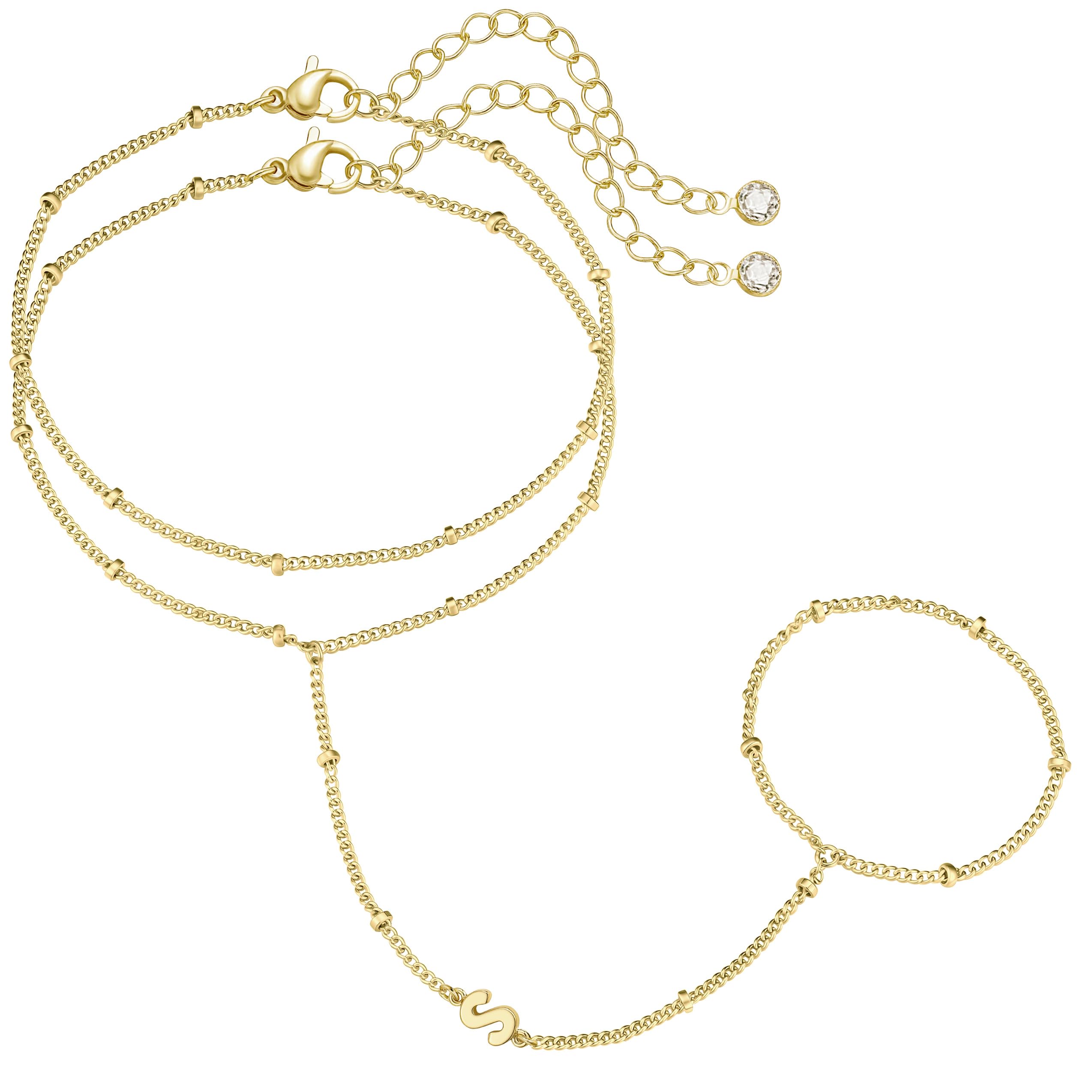 M MOOHAM Initial Hand Chain for Women - Dainty Gold Ring Bracelet Hand Chain for Women Trendy, Letter A-Z Initial Link Charm Bracelets Personalized