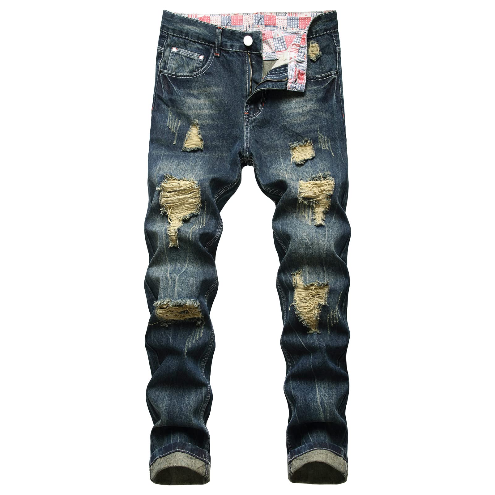 Ripped Straight Leg Jeans for Men Destroyed Slim Fit Denim Pant with Holes Classic Vintage Distressed Stretchy Jean (Dark Blue,28)