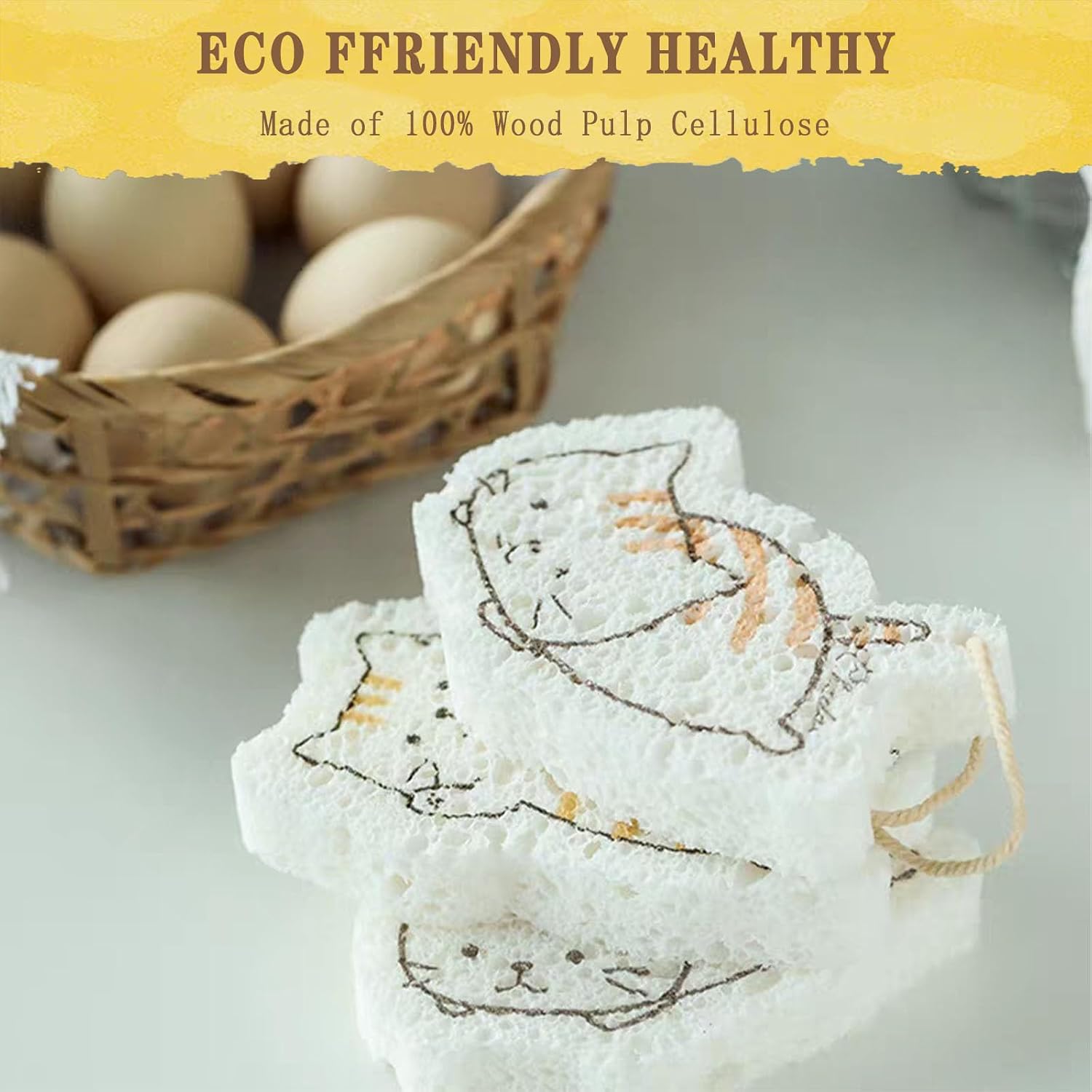 Extra Durable Biodegradable Wood Pulp Cartoon Sponges Compressed - More Durable Than Ordinary, Quick-Absorbing for Kitchen, Bath & Pet Dishes, 4-Pack Cute Cat Shapes, Plant-Based & Odorless image 5