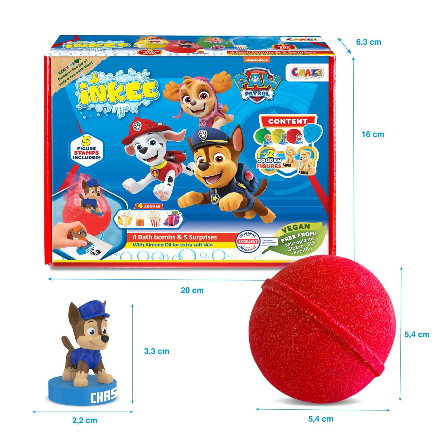 INKEE Coffret de bain PAT PATROUILLE - Set de bain avec 4 boules de bain et 5 figurines Pat Patrouille, Bombes de bain surprise parfumées à l'huile d'amande douce