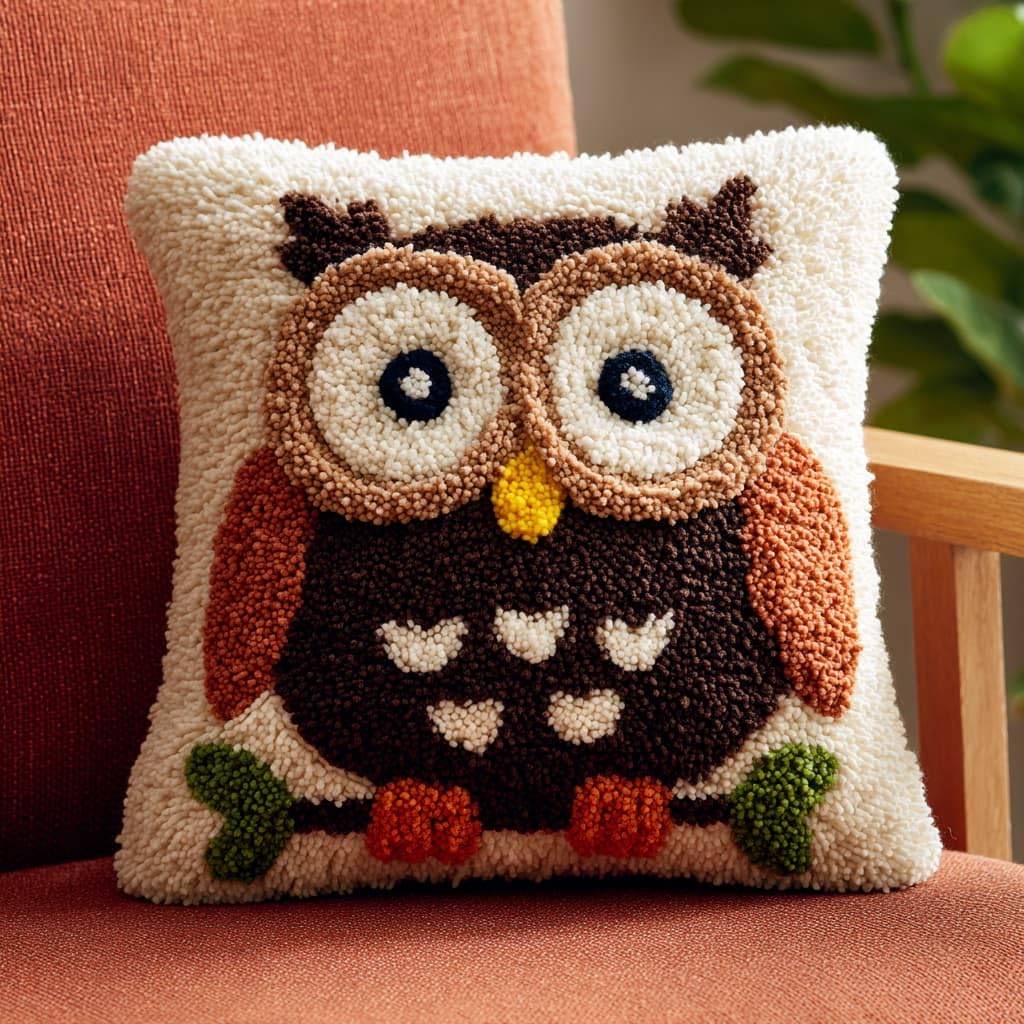 Taxpy DIY Latch Hook Kits, Animal Owl Needlework Pillow Cover 43x43cm DIY Hooks Knitted Embroidered Carpet Pillow Embroidery Latch Hook Carpet Kit