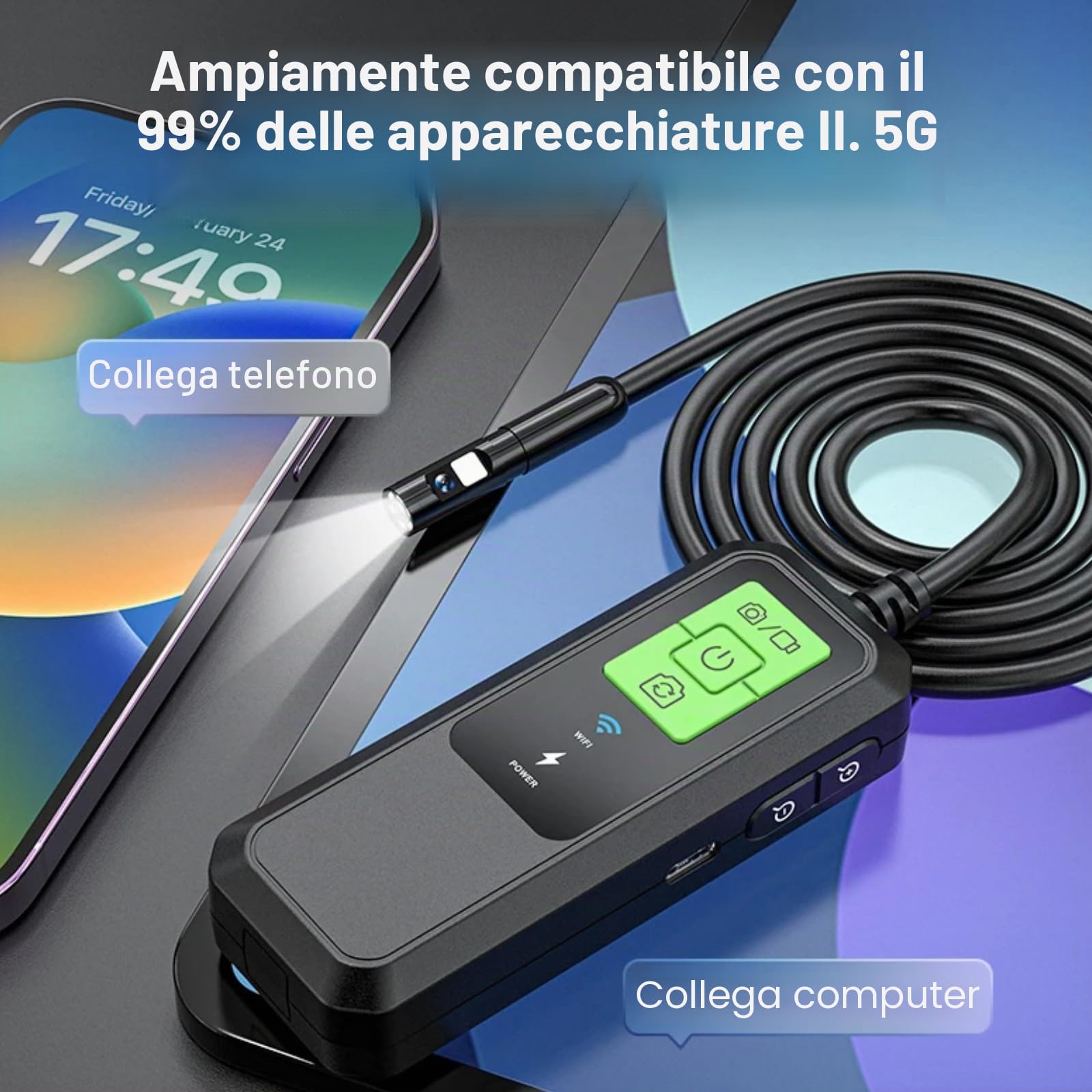 Endoscopio per Smartphone con Luce, wifi Telecamera Endoscopica IP67 Impermeabile Telecamera Ispezione tubi, Industriale Endoscopio Boroscopio Snake per And roid e i O S, 850mAh, 1M