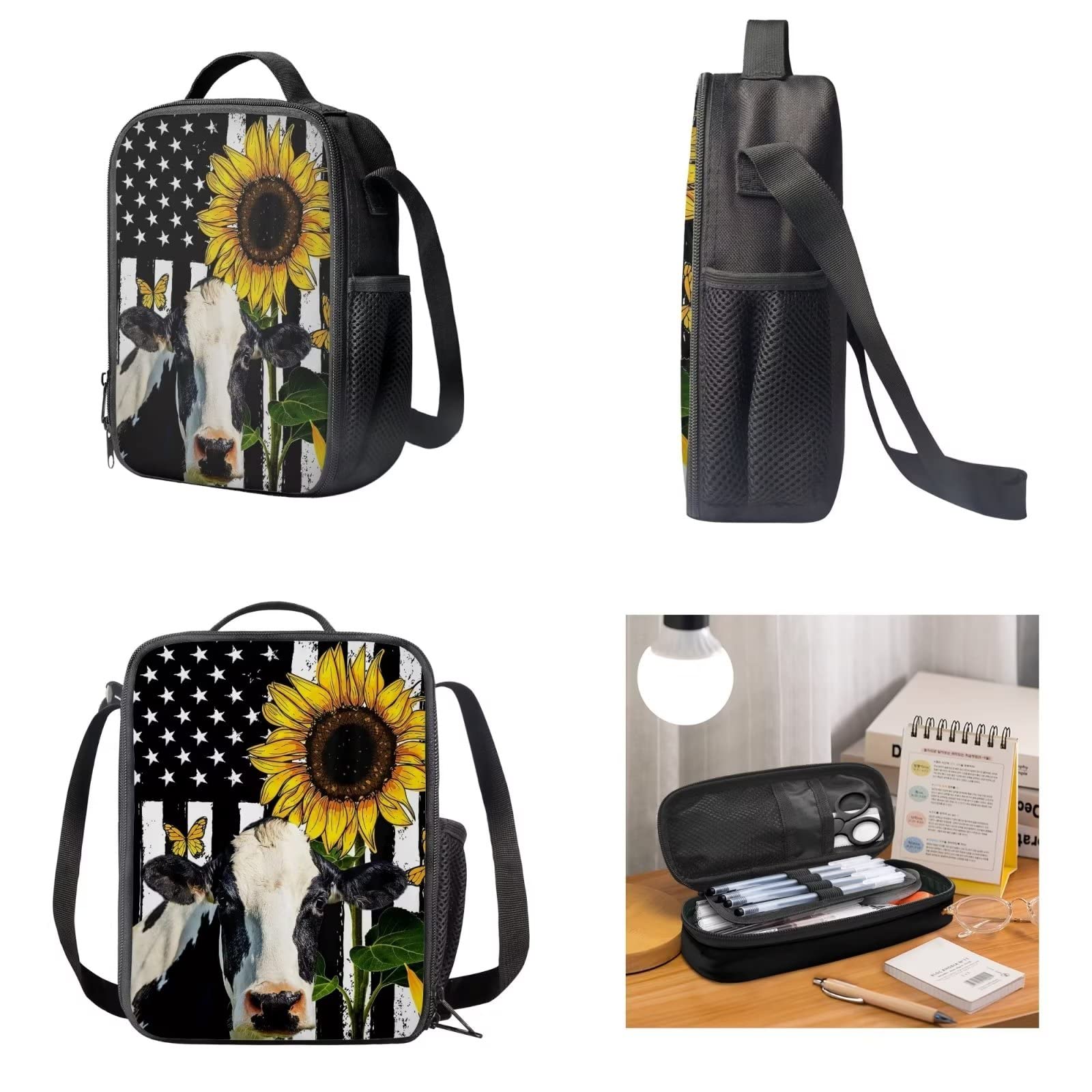 POLERO Mochila escolar de caballos para niños, juego de bolsas de almuerzo, estuche para lápices, 3 piezas, bolsas escolares, Bandera de Estados Unidos girasol vaca, Talla única, Mochila infantil