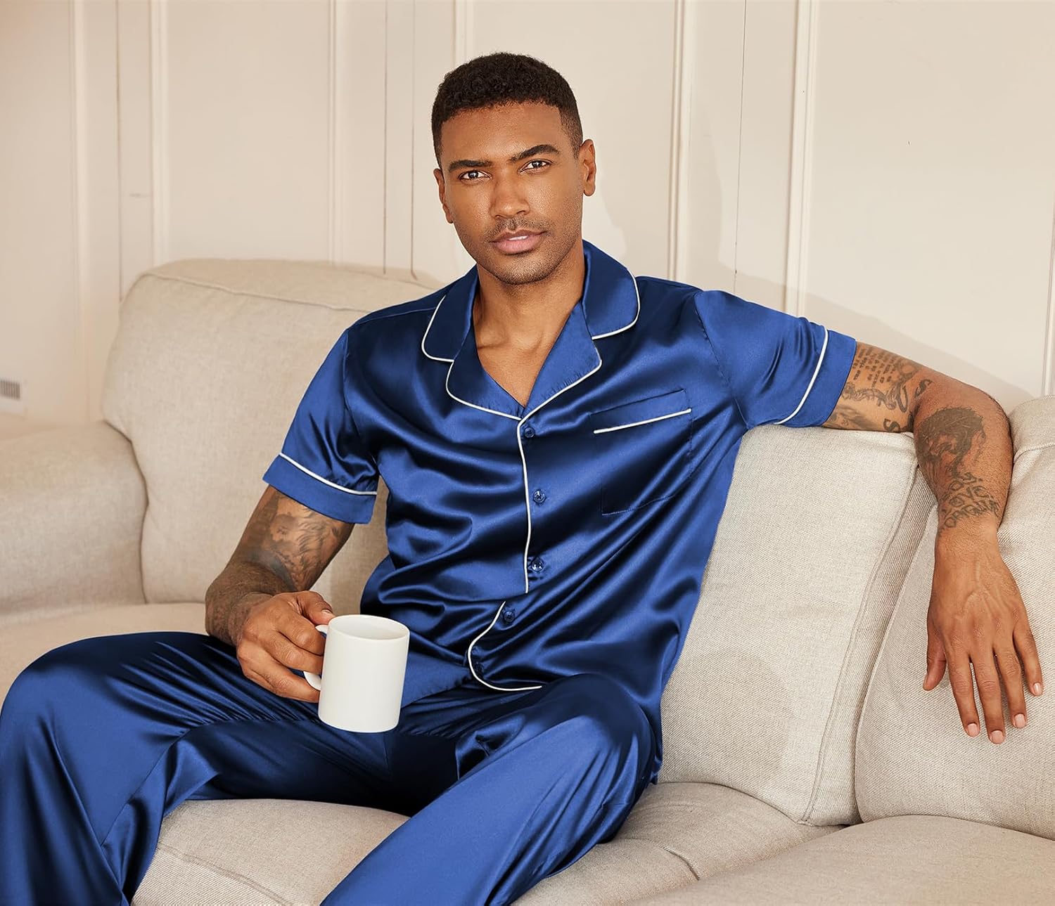 Ekouaer Mens Satin Pajama Set Short Sleeve Button Down Sleepwear Classic Loungewear Set with Long Pants - Image 6