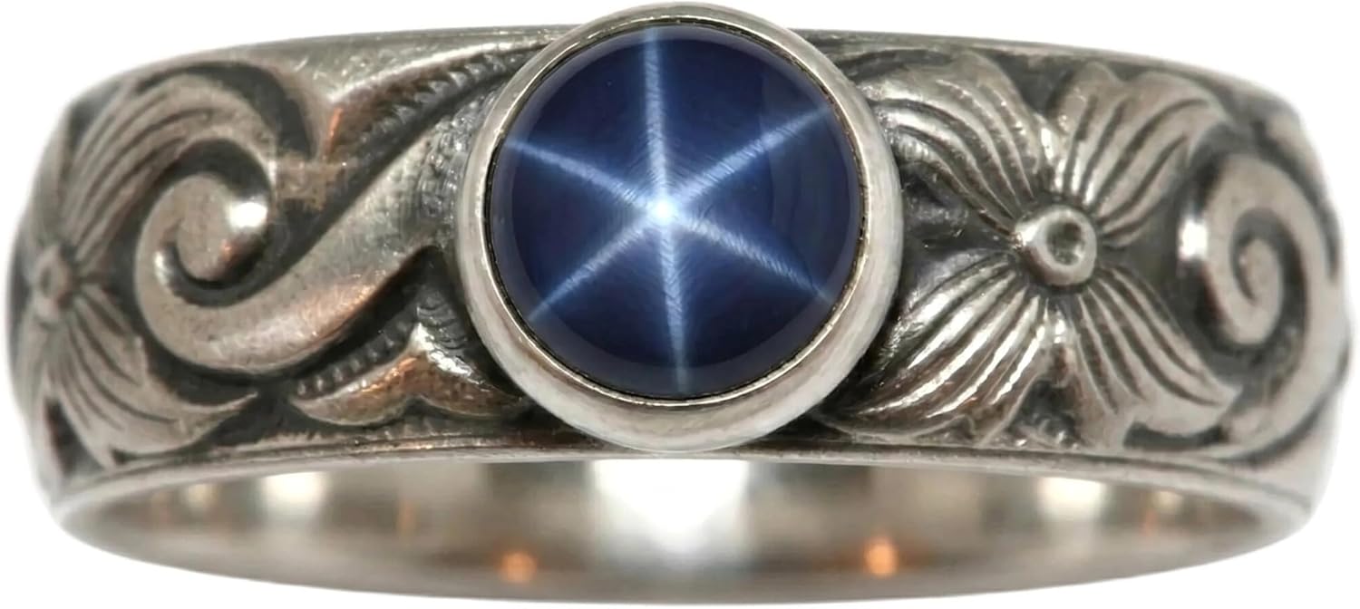 Created Blue Star Sapphire Ring Flower Wave Pattern Vintage Silver