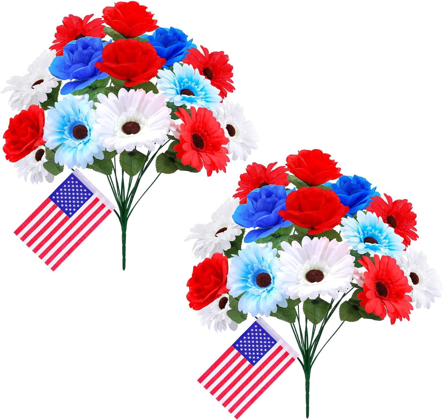 Photo 1 of 2 Pack Patriotic Artificial Flower Bouquets with Mini American Flags,Red White Blue Faux Flowers for America 250,4th of July Indoor Decorations,Independence Day Table Centerpiece Home ecor