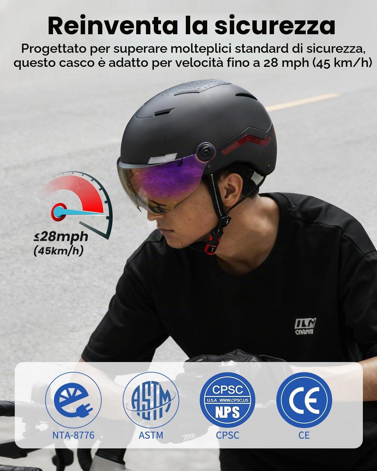 ILM Casco Bici Intelligente Uomo Donna Casco Monopattino Elettrico Adulti con Luce LED e Frecce & Freno con Visiera Omologato NTA-8776 CPSC CE Modello MB101L