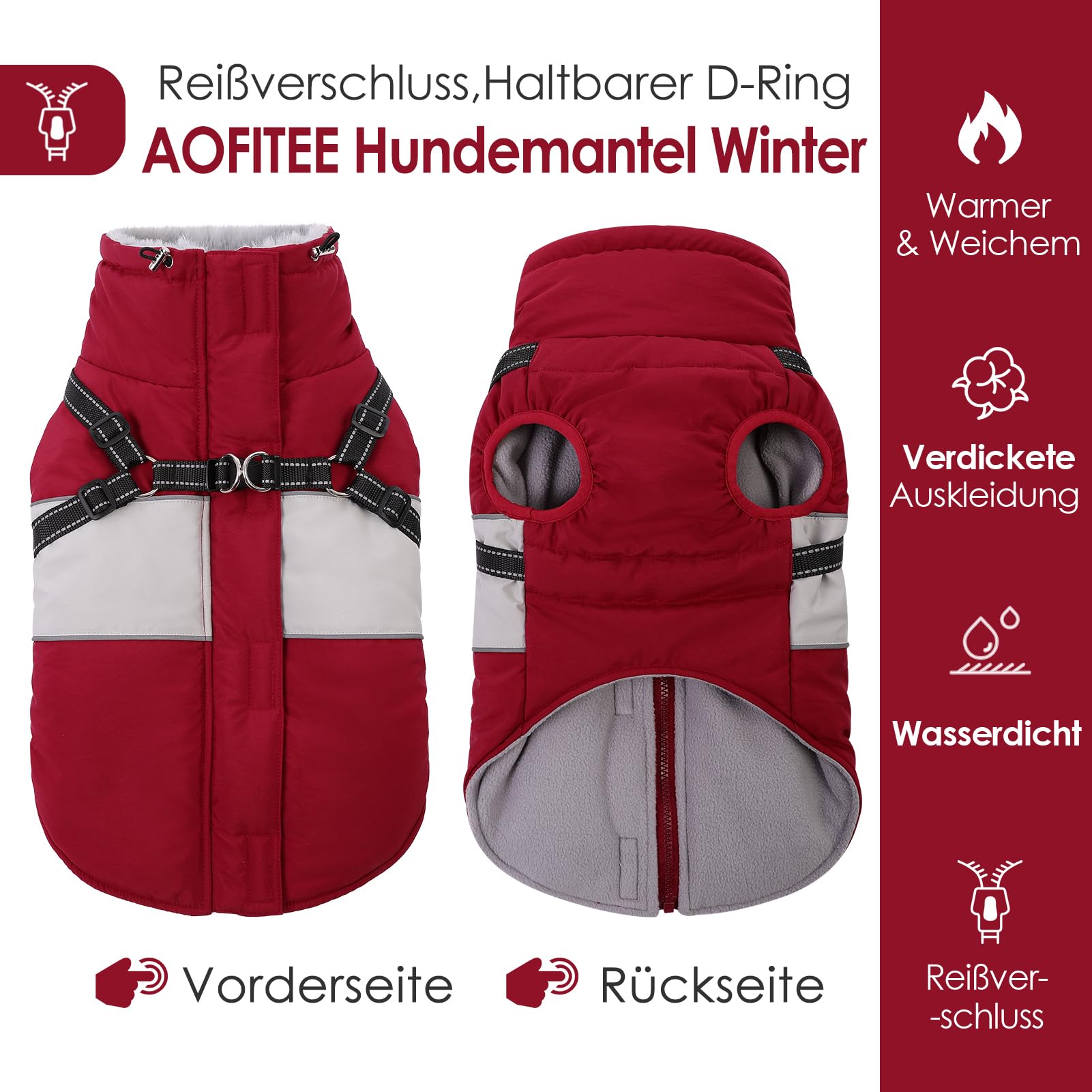 AOFITEE Hundemantel Winter, Wasserdicht Warme Hundejacke Wintermantel für Große Hunde, Reflektierend Hunde Wintermäntel mit Geschirr, Reißverschluss, Warme Outdoor Hundebekleidung für Kaltes Wetter