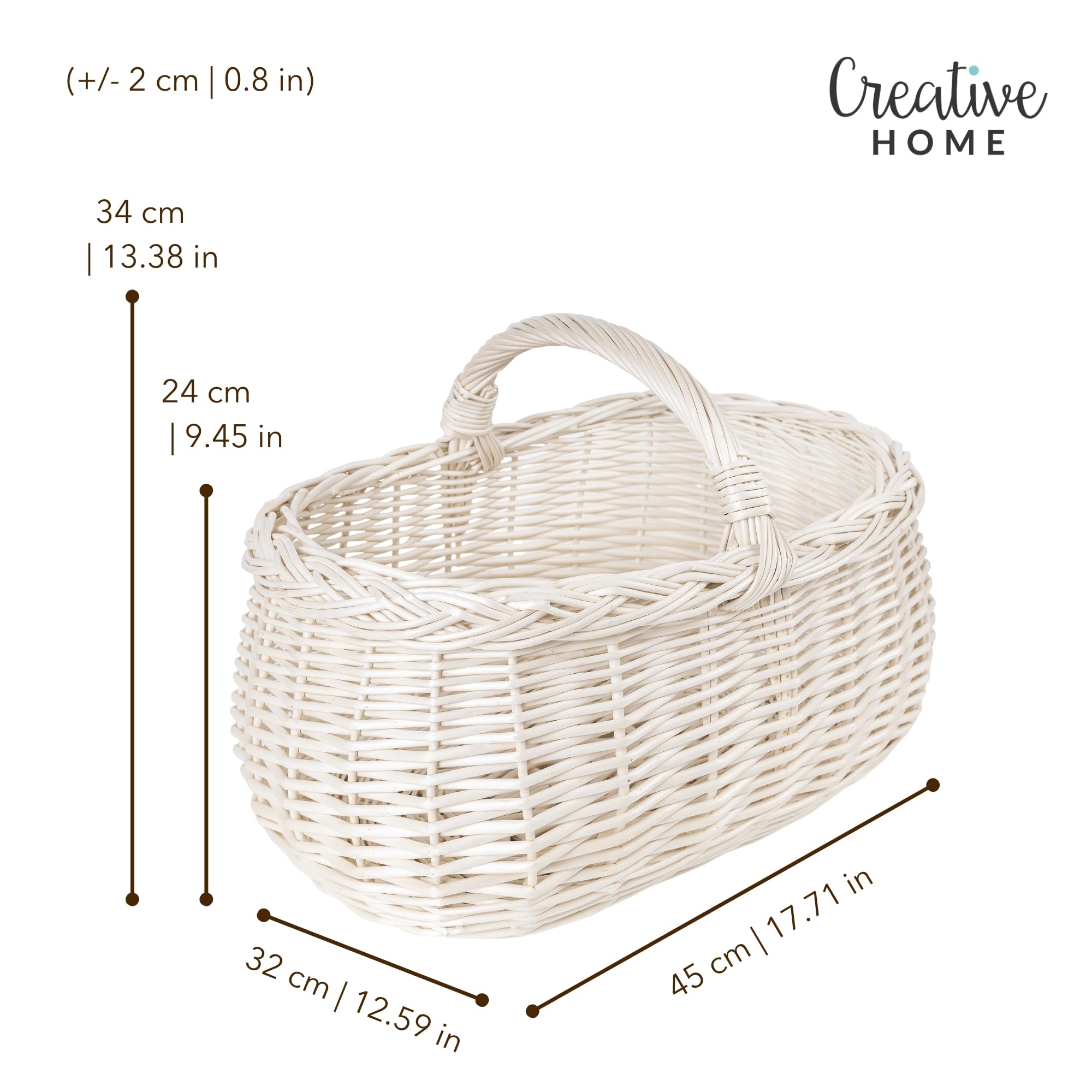 Creative Home Weiße Große Picknickkorb Weidenkorb mit Henkel Einkaufskorb Autokorb | 45 x 32 x 34 cm (+/- 1 cm) | Groß und Leicht | Handgeflochten | Universell und Langlebig Osterkörbchen Geflochten