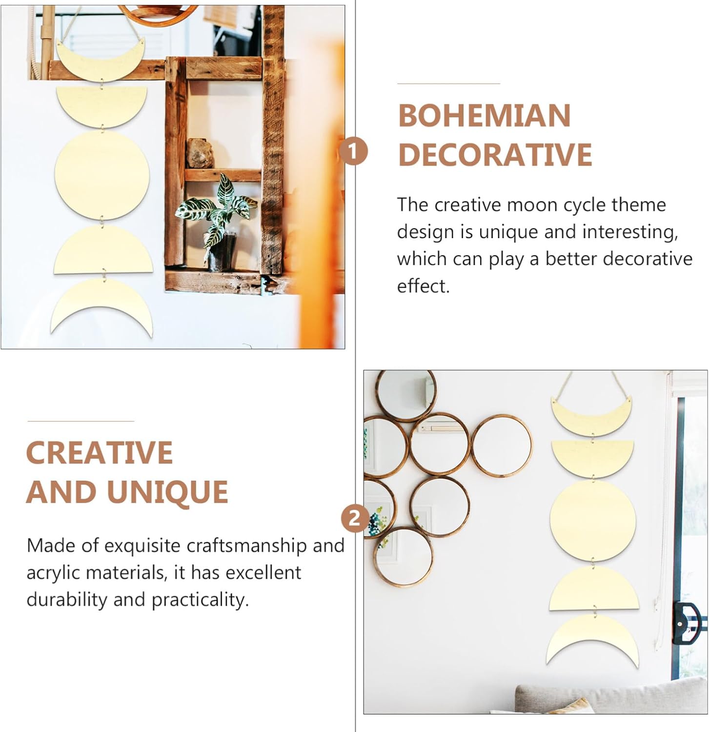 Home Decor Moon Mirror Wall Decor Acrylic Moon Phase Mirror Wall Art Ative Boho Hanging for Bedroom Living Room Aesthetic Home Bohemian Golden