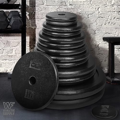 Miniatura 4 de CAPHAUS Placas de peso de hierro fundido sólido estándar color negro, agujero central de 1 pulgada para manijas estándar de barra y mancuernas en