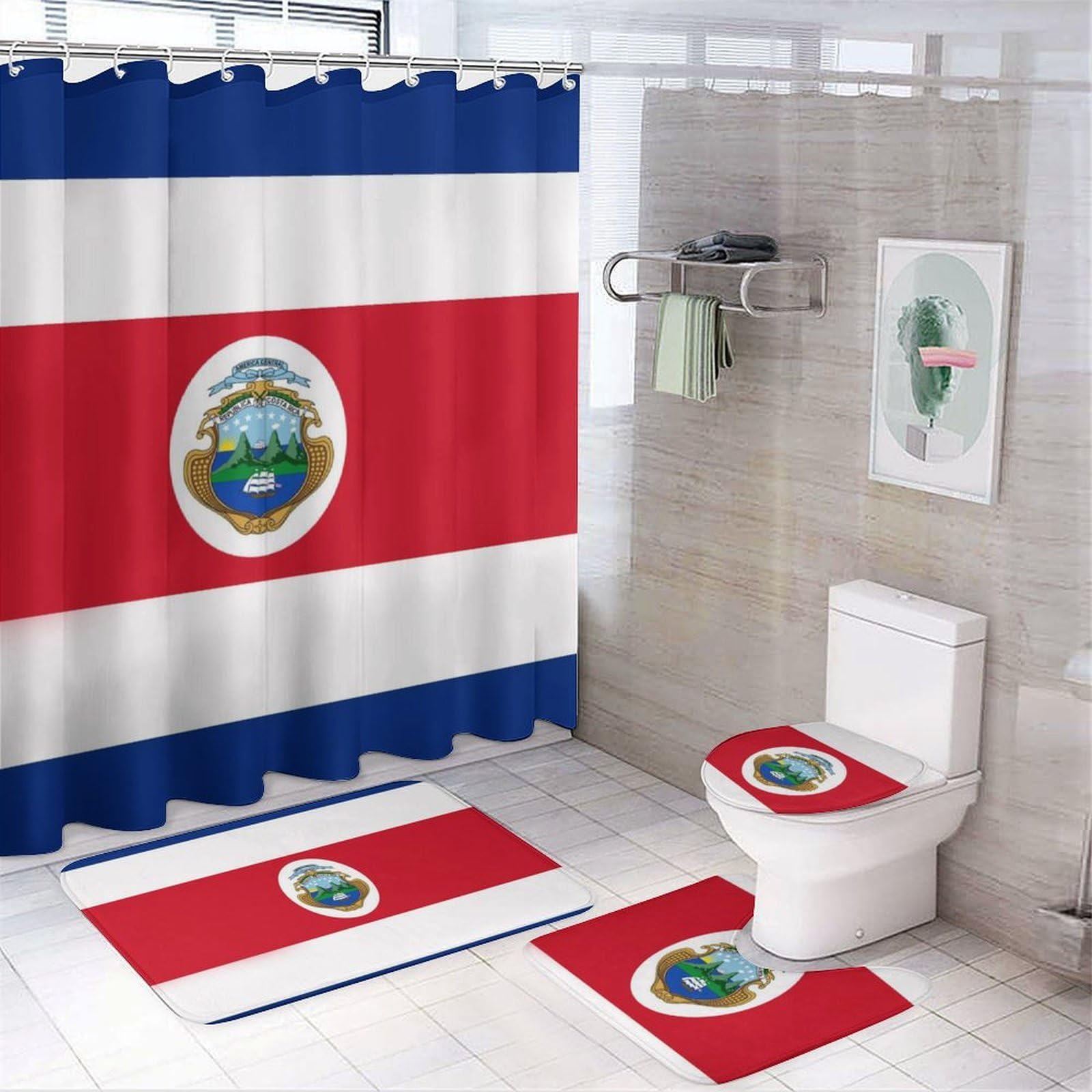 CGSBNGHA Costa Rica Rican Flag Shower Curtain Set 4 Piece Bathroom Sets with Rugs Toilet Lid Cover And U-Shaped Floor Mat