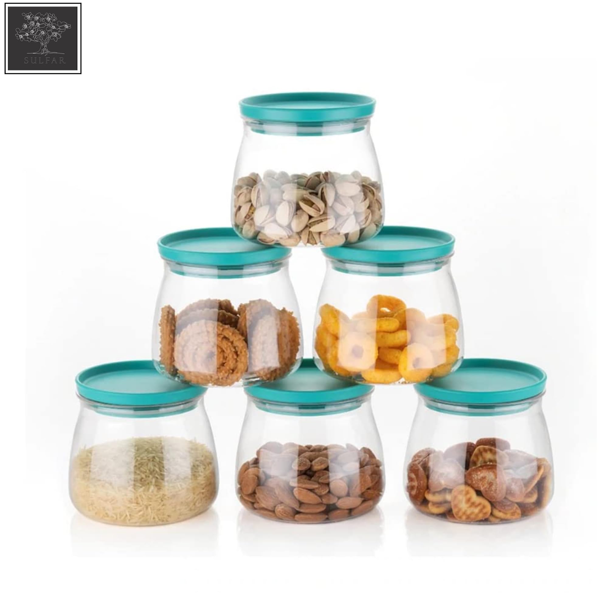 Sulfar Crystal Clear Matka Shaped Glass Jar with Air Tight and Leak Proof Red Colour Plastic lid Jar for Masala, Dry Fruit and Kitchen Canister 900ml Pack of (6 pcs), Multicolor, Large (2286) 4