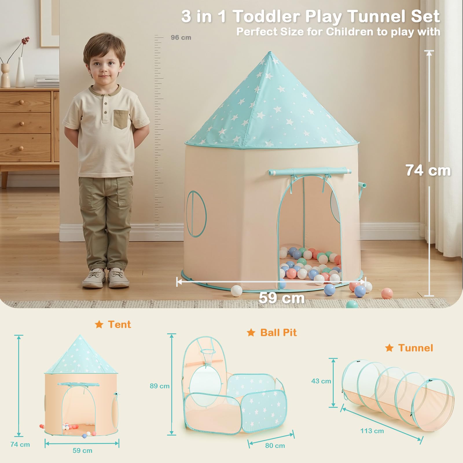 SISTICKER 3 en 1 Pop-up Tunnel Tente Enfant: Tente de Jeux Enfant Interieur Extérieur Piscine a Balle pour Bébé - des Jouets et des Cadeaux Portables et Amusants(Orange Green)