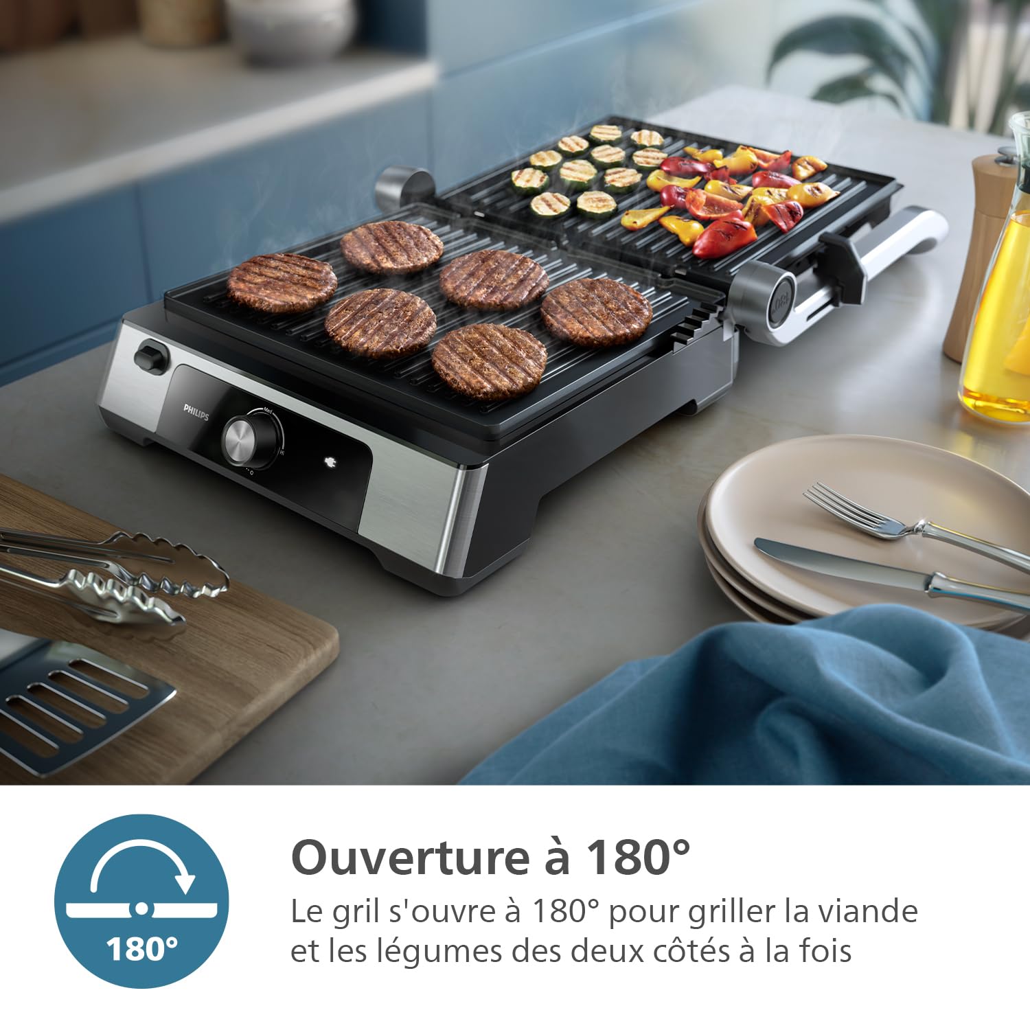 Philips Contact Grill - Température réglable. Grande surface de cuisson et Puissance élevée. Plaques Antiadhésives Amovibles et bac récolteur de graisses. (HD6301/90)