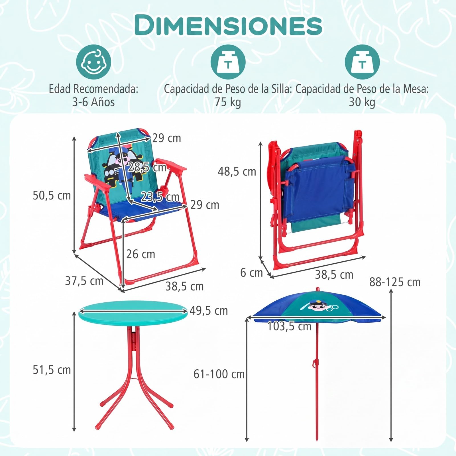 GOPLUS Juego de Mesa Picnic y Silla Playa para Niños, Mesa de Actividad Plegable Infantil con 2 Sillas Plegables y Sombrilla de Altura Ajustable, Mueble de Patio Portátil (Azul)
